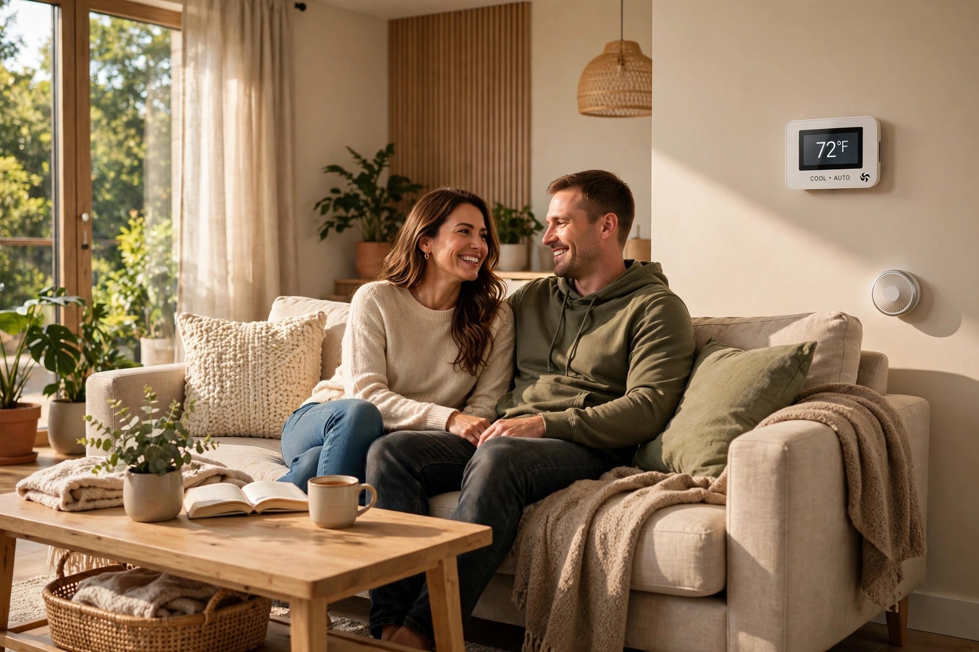 Happy couple relaxing on a couch in a comfortable living room with a smart thermostat on the wall