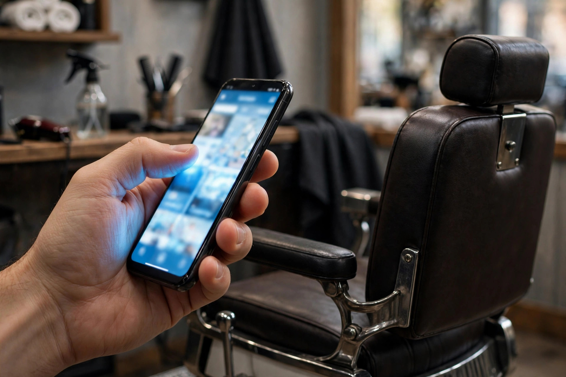 SMS Marketing for Barbershops: Fill Chairs Without Discounting Close-up of a hand holding a smartphone beside a barber chair
