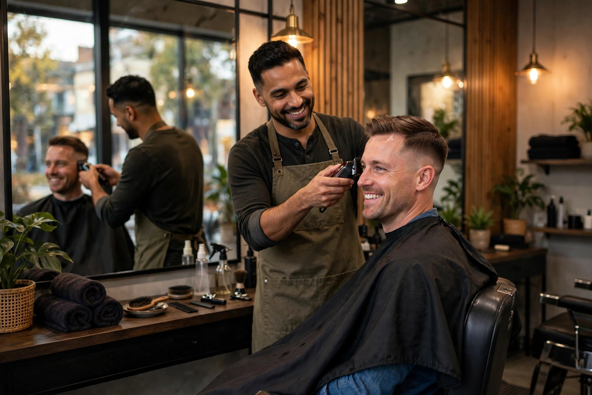 SMS Marketing for Barbershops: Fill Chairs Without Discounting Barber finishing a haircut for a smiling client in a modern shop