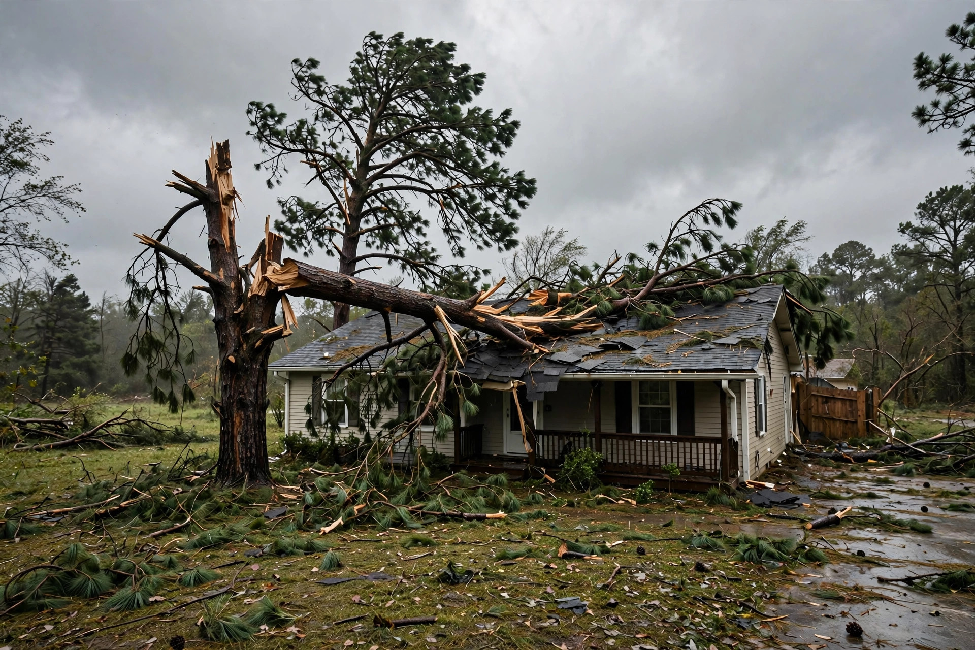 Storm damaged tree with a broken limb resting on a house roof after heavy wind