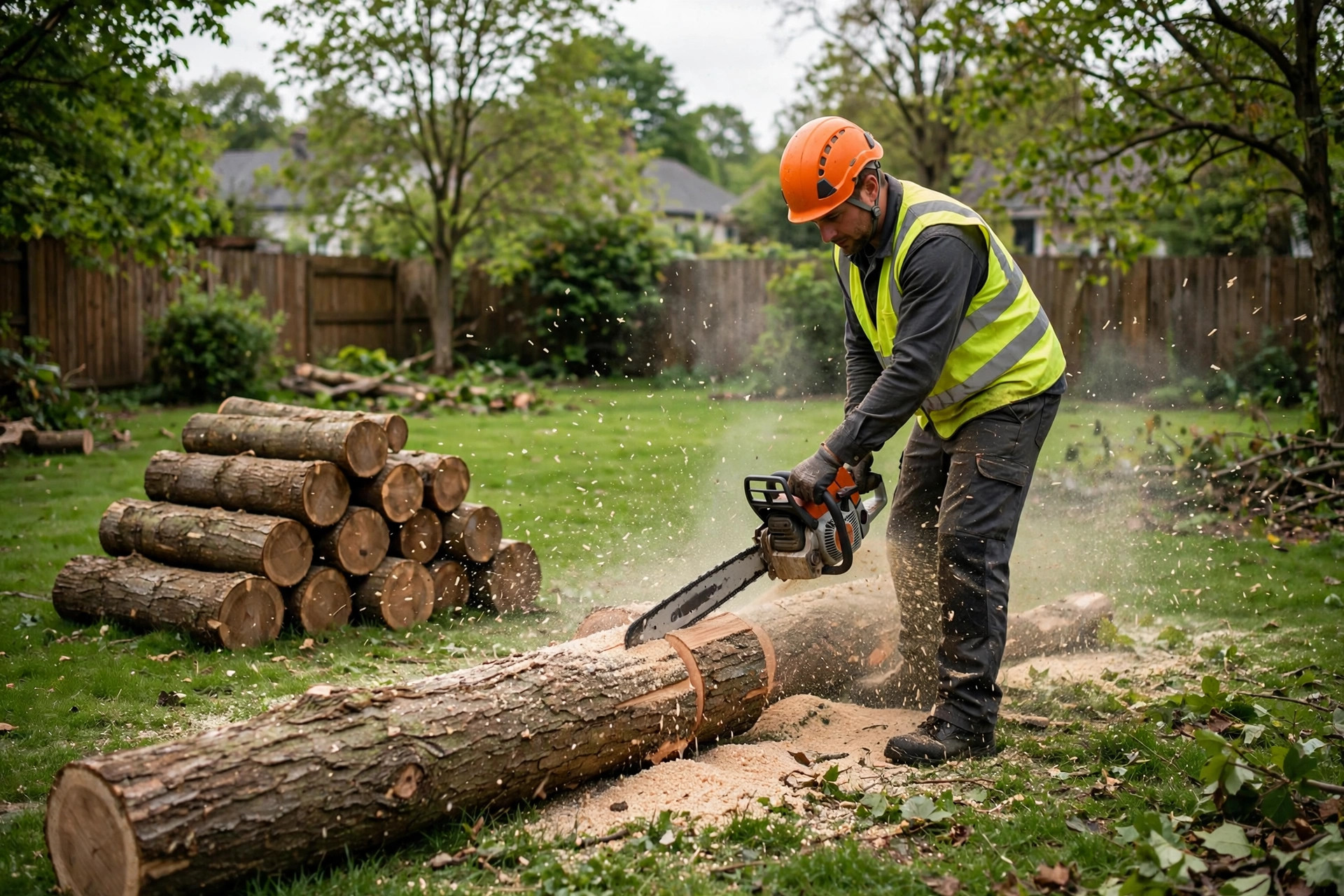 Tree service worker in safety gear cutting a fallen tree trunk with a chainsaw