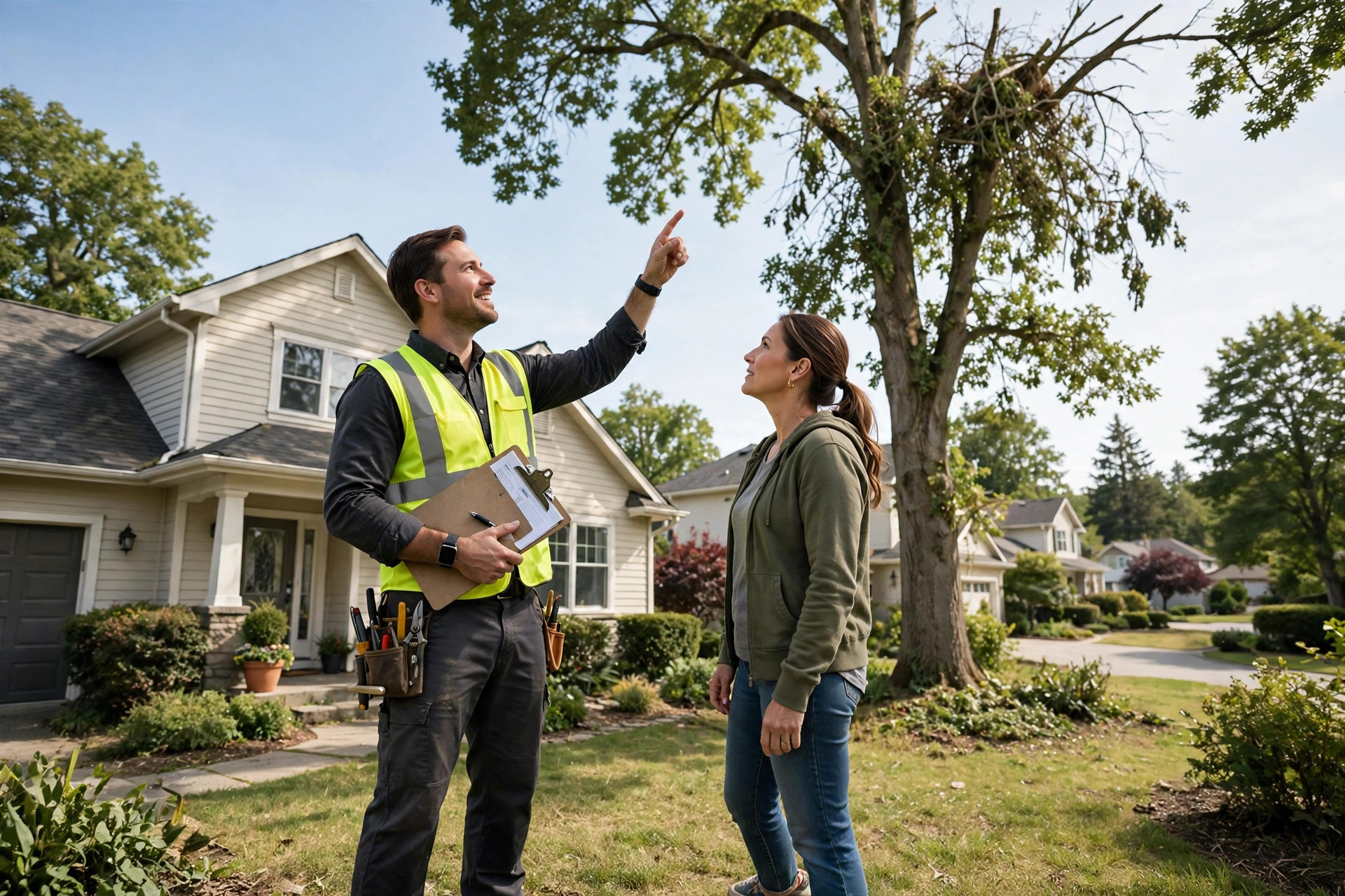 Tree service estimator discussing a trimming job with a homeowner in the front yard