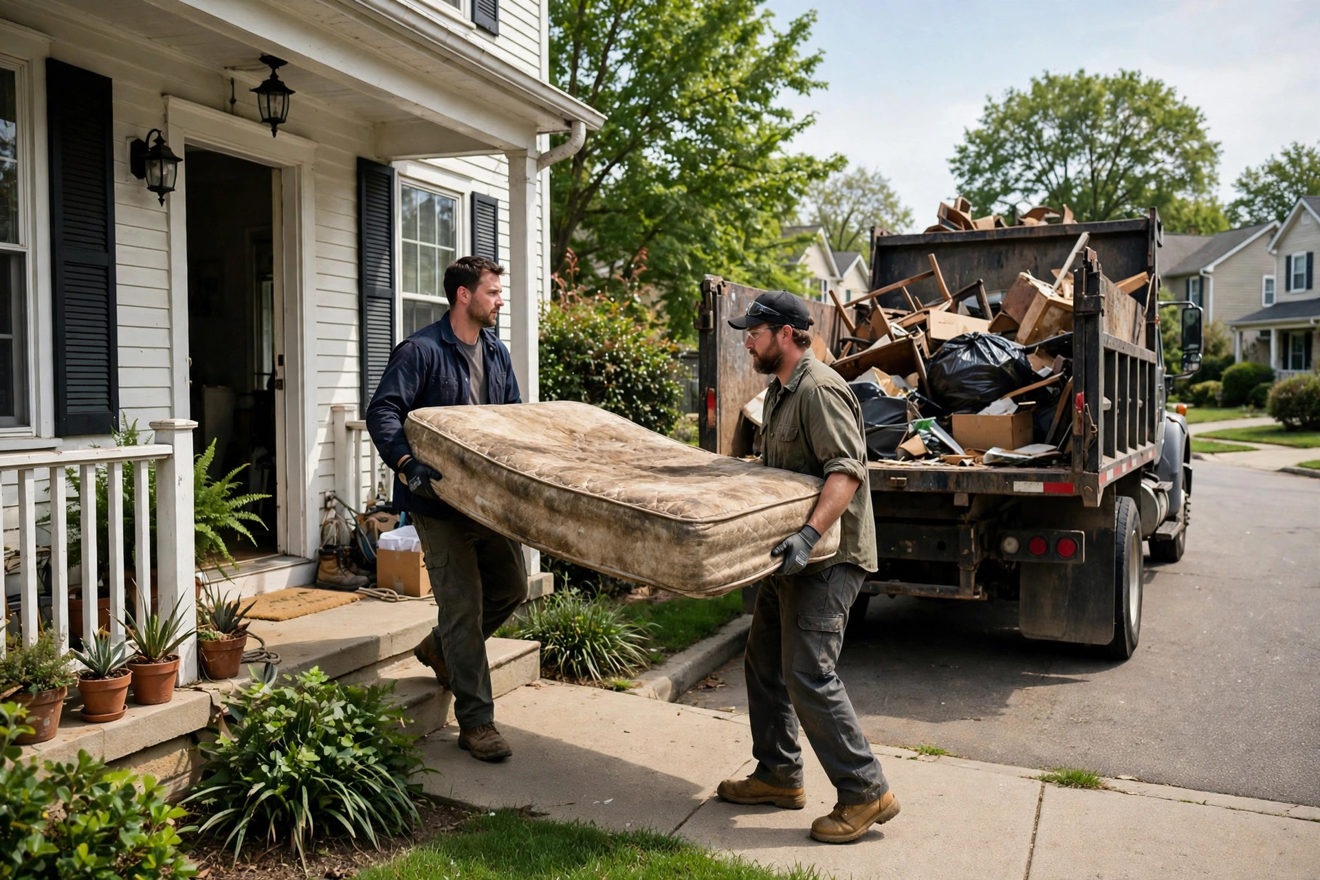 Junk removal crew carrying an old mattress out of a house toward a haul truck