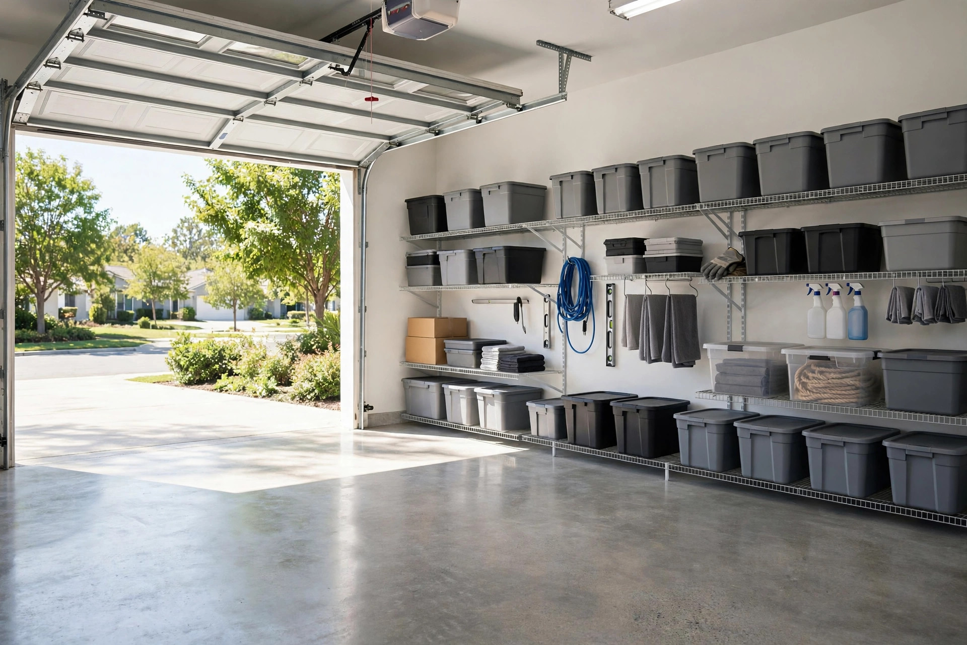 Clean empty garage with organized shelves after a junk removal job