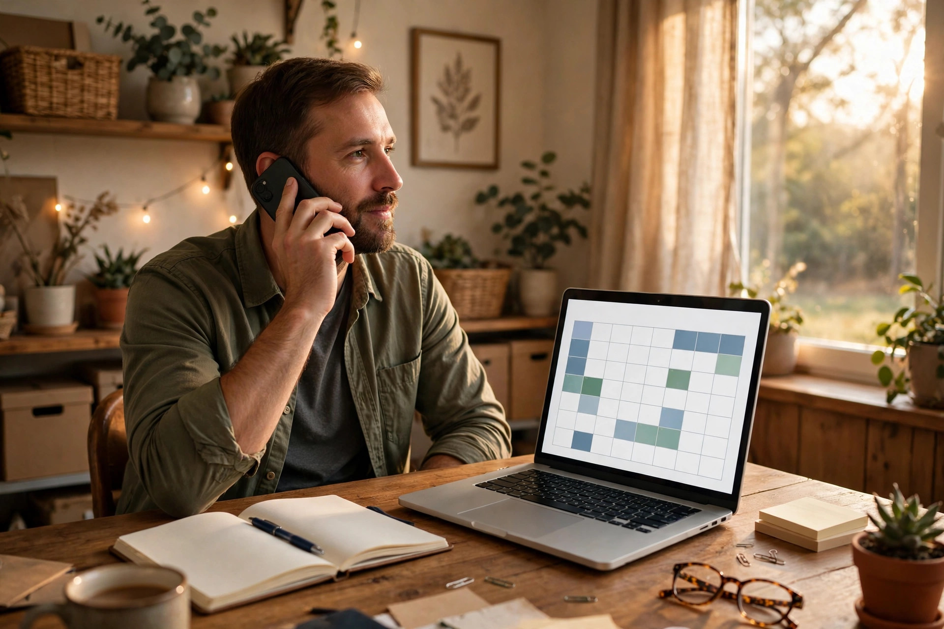 Junk removal business owner booking jobs on the phone with a scheduling calendar on a laptop