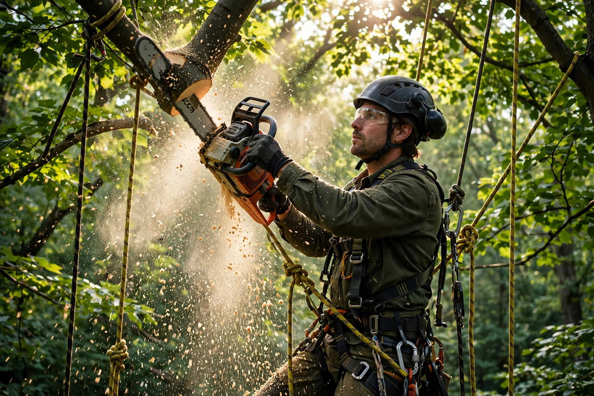 What to Ask Before Buying an AI Chatbot for Your Tree Service Arborist in a climbing harness cutting a branch high in a tall tree with ropes and green canopy