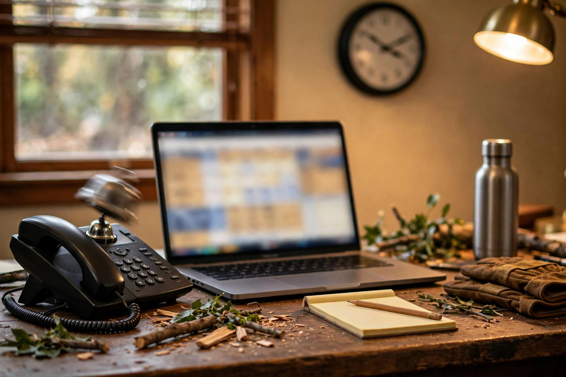 What to Ask Before Buying an AI Chatbot for Your Tree Service Tree service office desk with a phone and laptop showing a scheduling calendar and a notepad