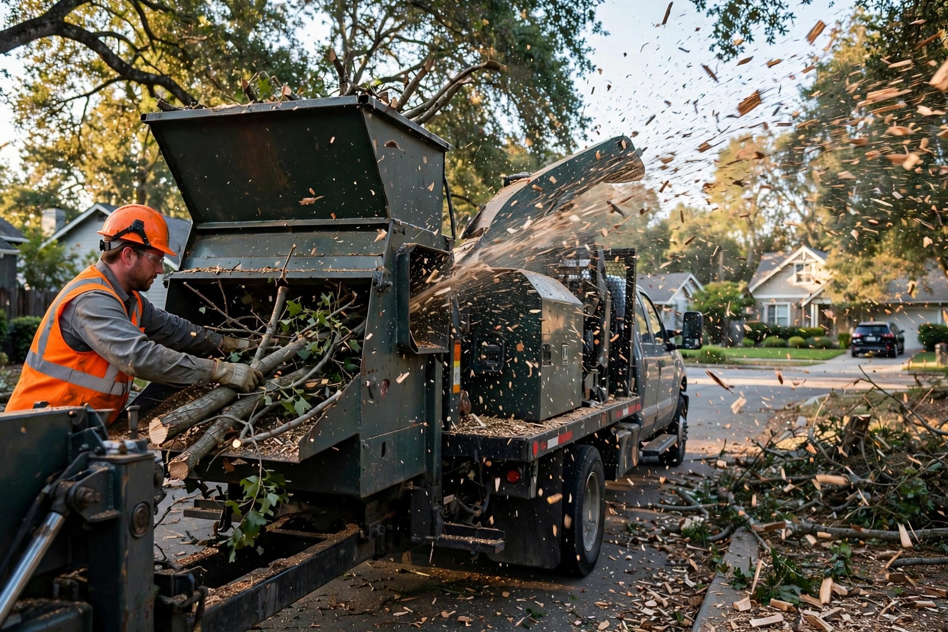 What to Ask Before Buying an AI Chatbot for Your Tree Service Ground crew worker feeding branches into a wood chipper truck on a residential street