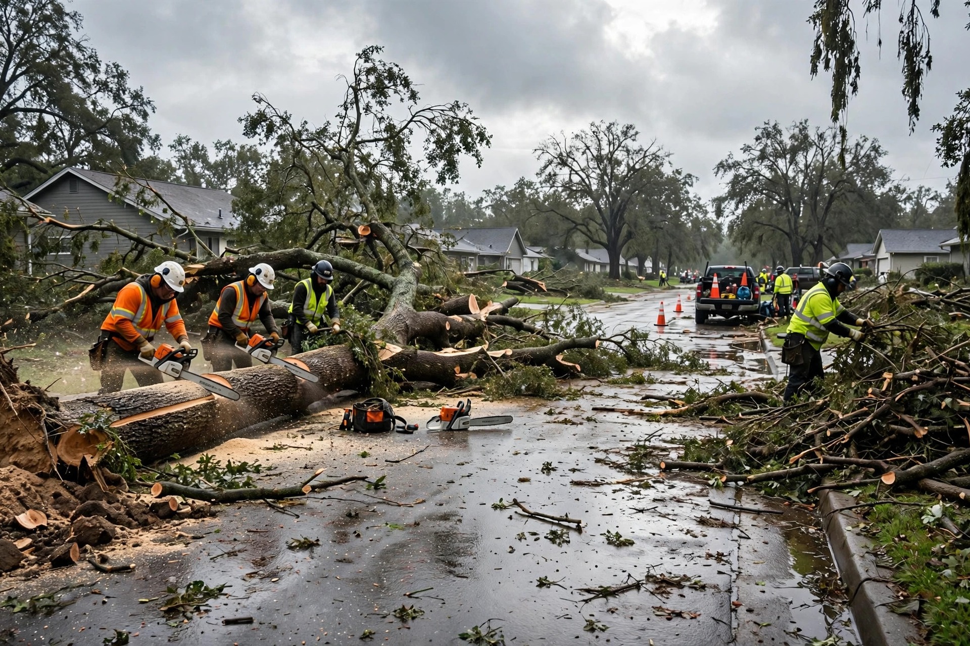 Tree service crew clearing a large fallen tree from a residential street after a storm