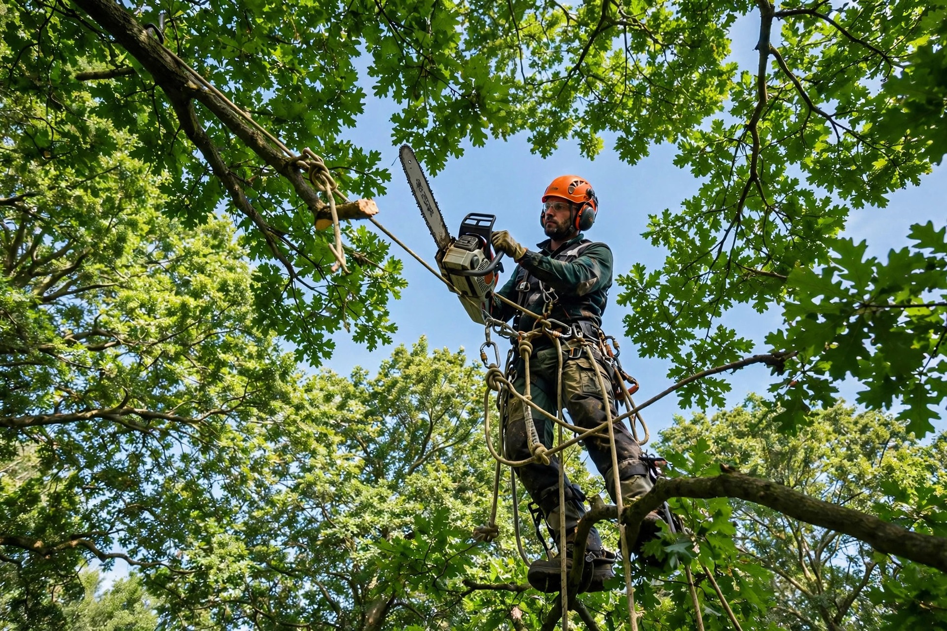 Arborist in a climbing harness working high in a tree canopy with ropes and blue sky