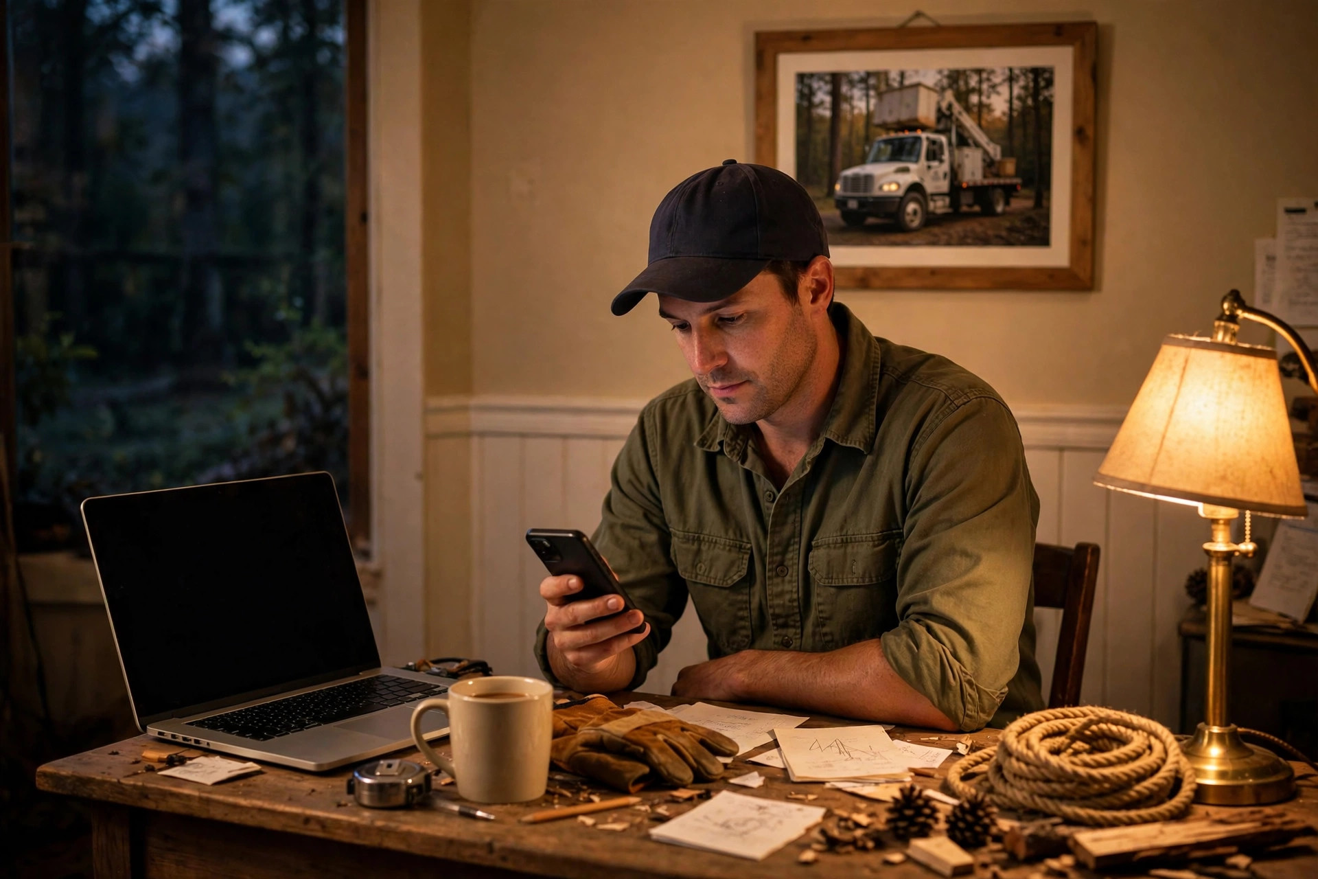 Tree service owner reading text message replies on a smartphone at a small office desk