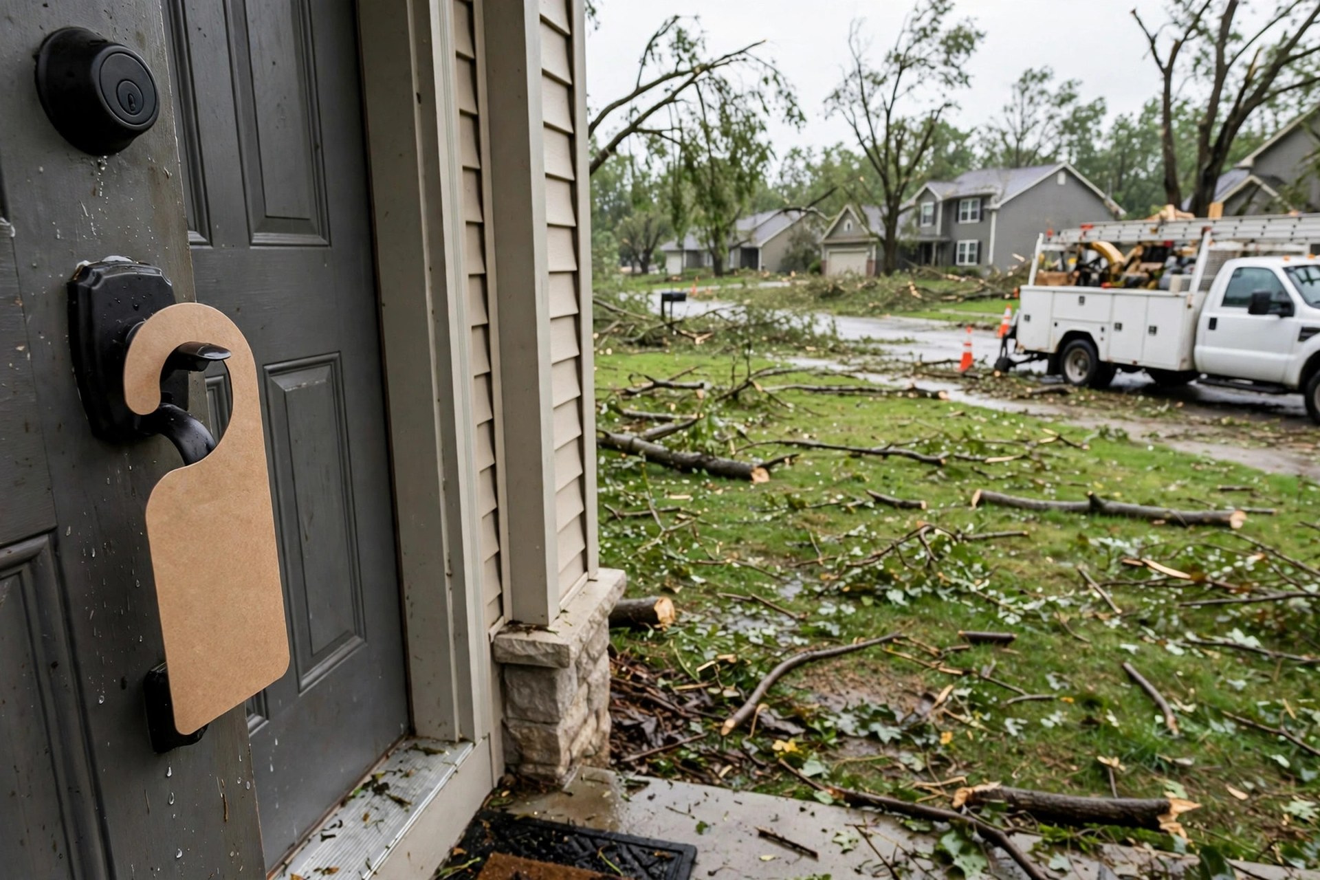 Tree Service Marketing Ideas That Bring Storm Season Work Door hanger on a front door with storm fallen branches in a suburban yard