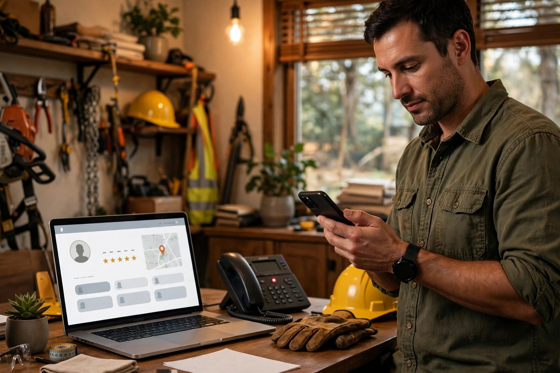 Tree Service Marketing Ideas That Bring Storm Season Work Tree service owner holding a smartphone while working at a desk with a laptop