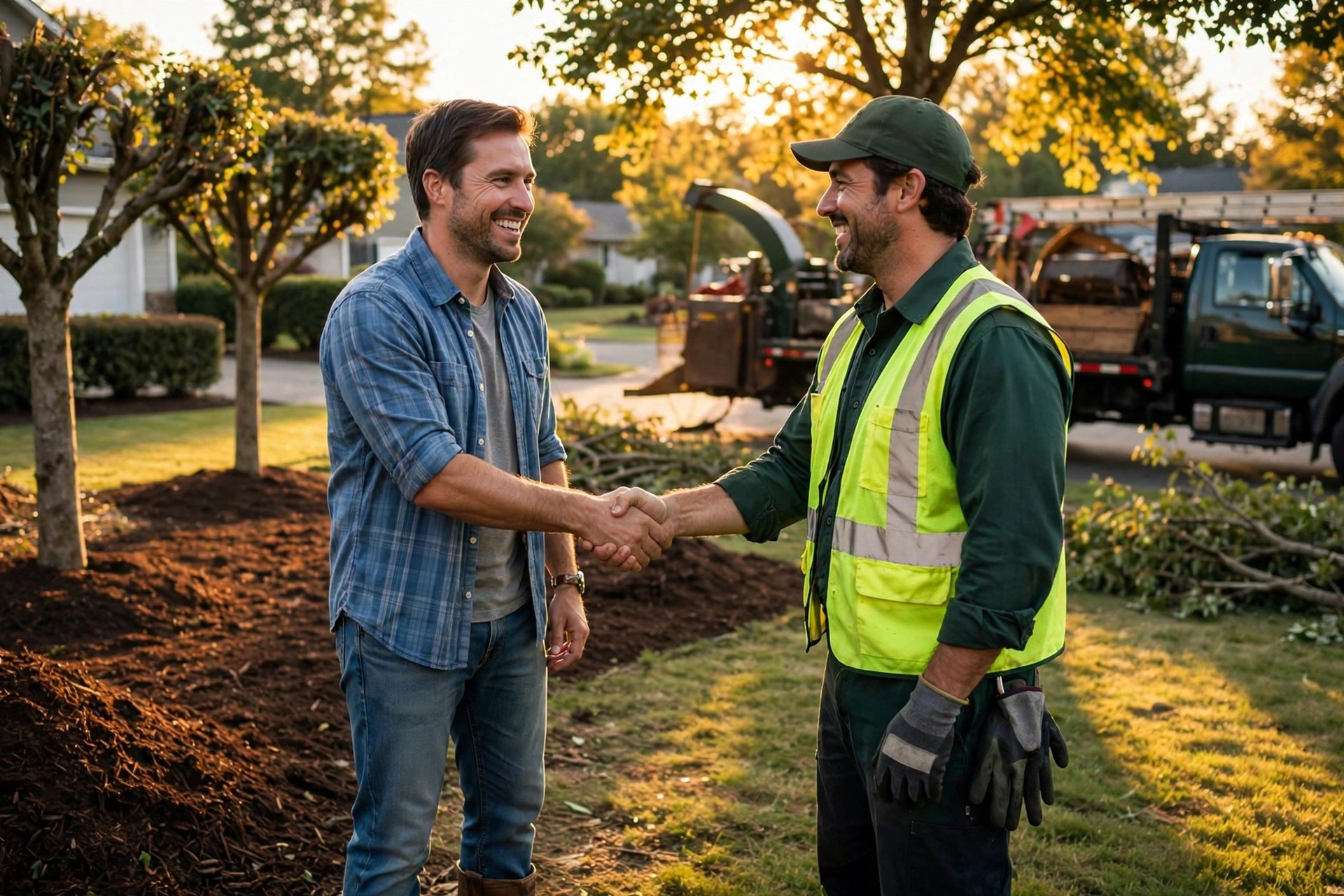 Tree Service Marketing Ideas That Bring Storm Season Work Homeowner shaking hands with a tree service crew leader in a clean yard