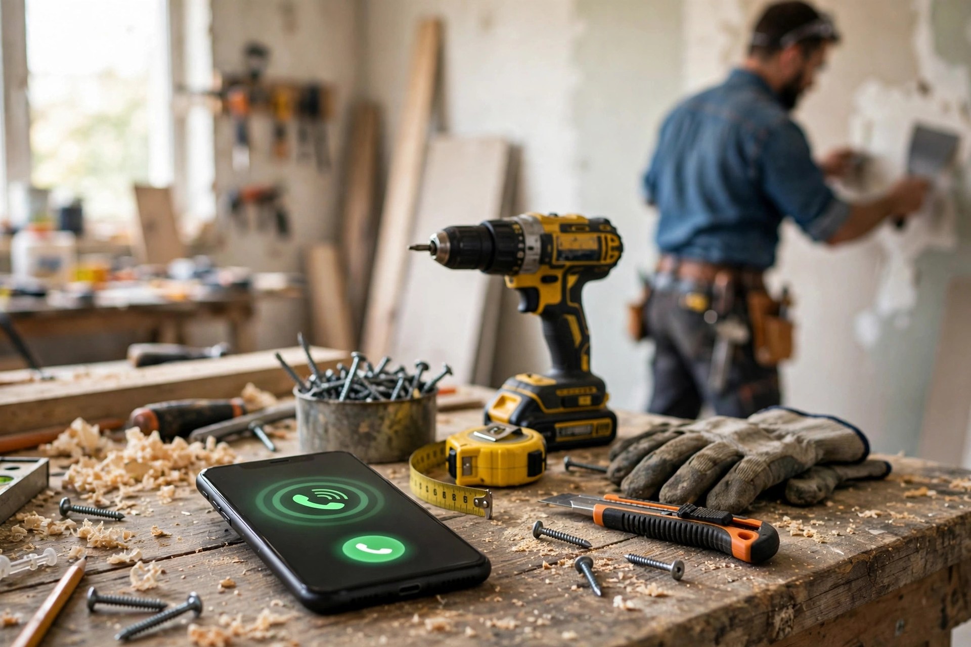AI Receptionist for Handyman Services: Never Miss a Job Call Smartphone ringing on a workbench with a handyman working in the background