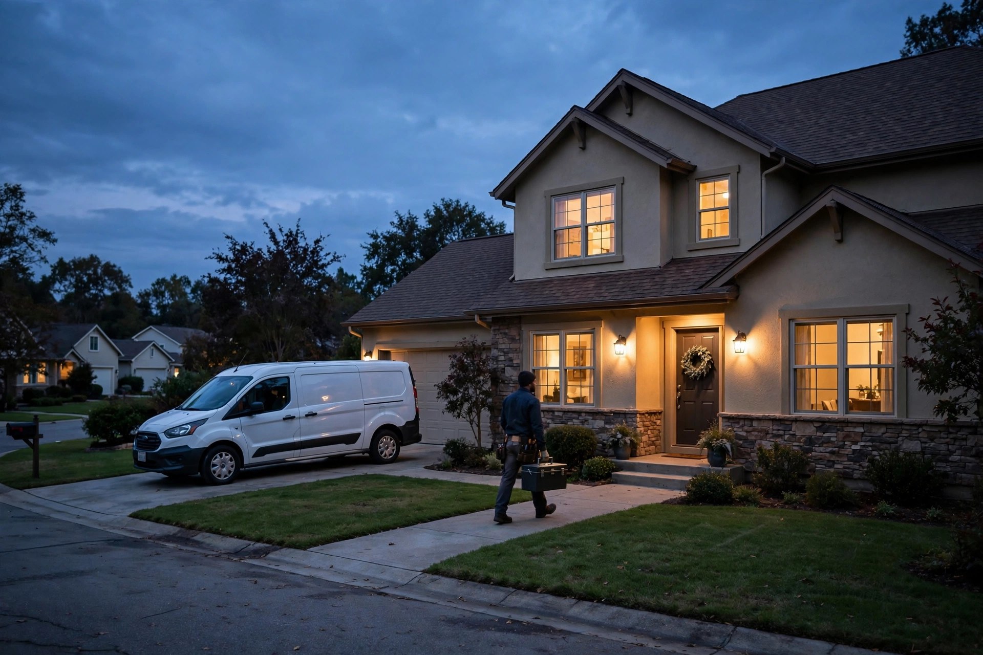 AI Receptionist for Handyman Services: Never Miss a Job Call Handyman van parked in a driveway at dusk with a toolbox