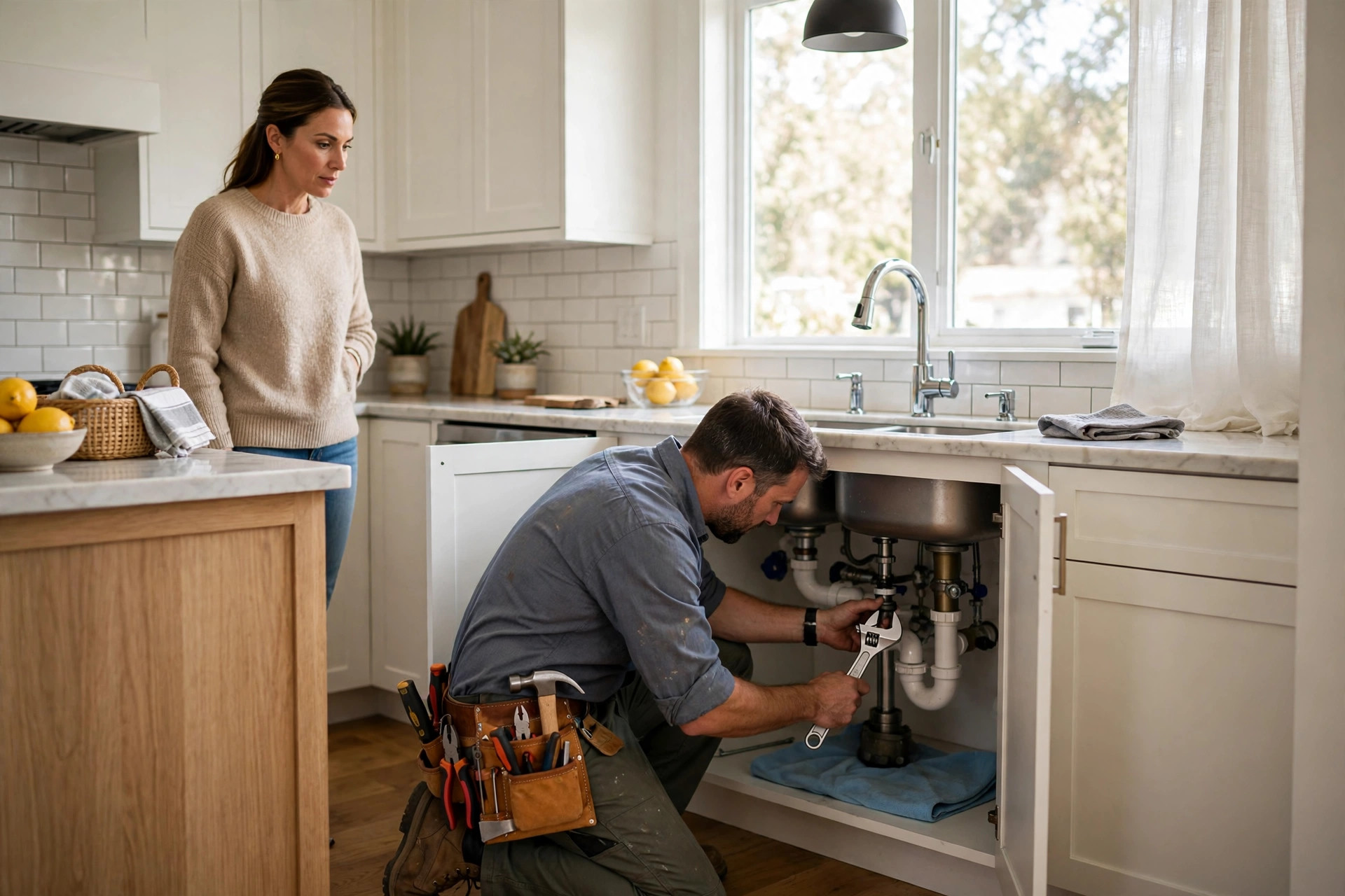 Handyman Marketing Ideas That Keep Your Schedule Full Handyman repairing a kitchen faucet with a wrench while a homeowner watches