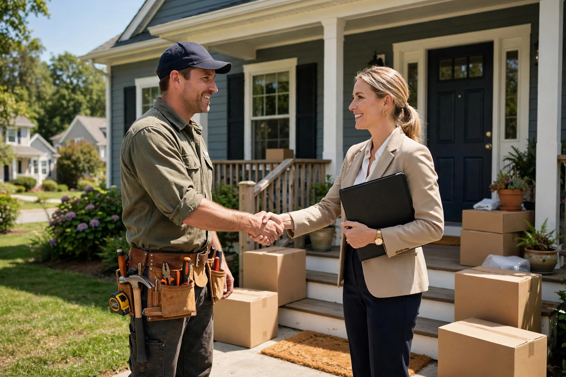 Handyman Marketing Ideas That Keep Your Schedule Full Handyman shaking hands with a real estate agent in front of a suburban home