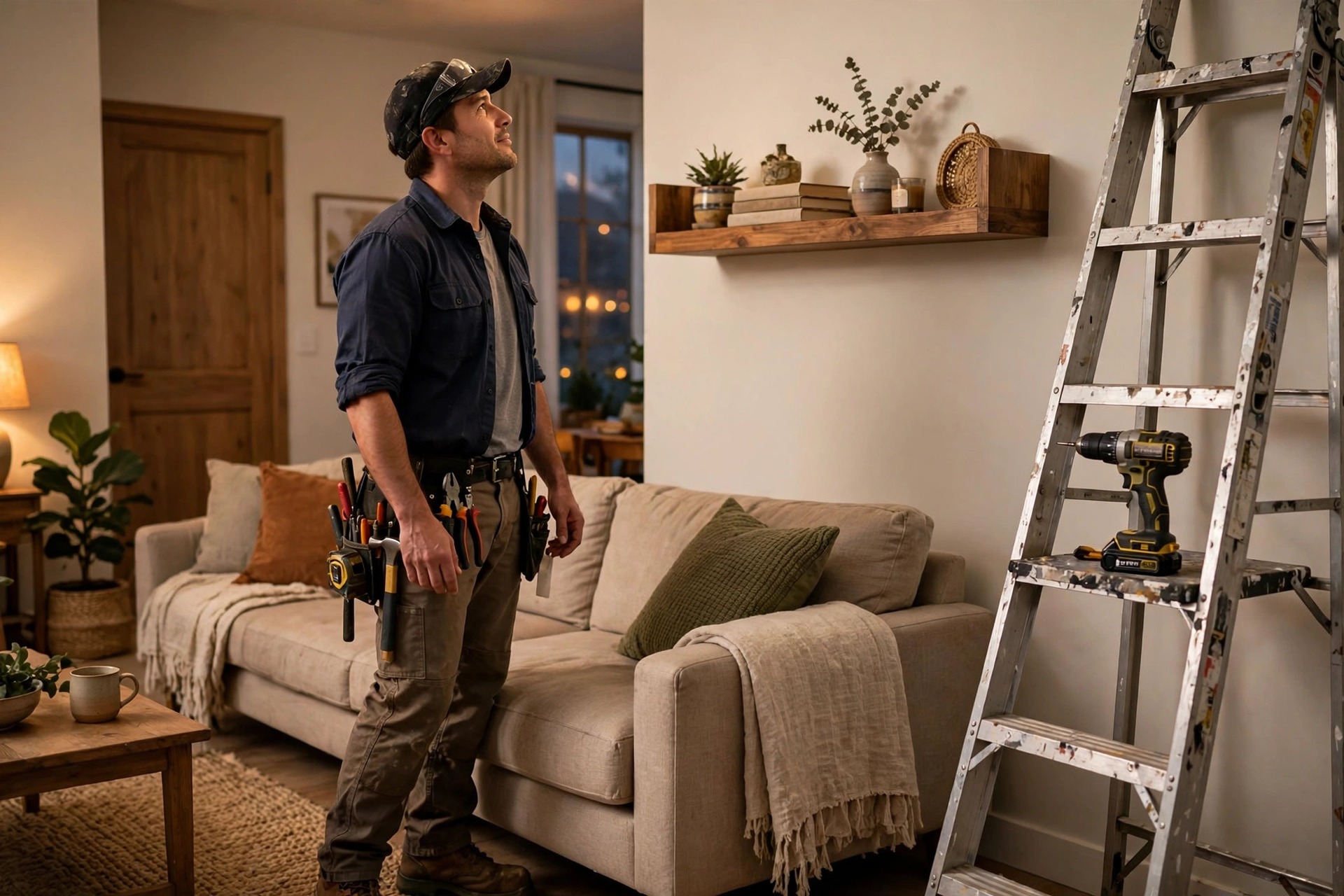 Handyman Marketing Ideas That Keep Your Schedule Full Handyman admiring a finished wooden wall shelf install in a warm living room