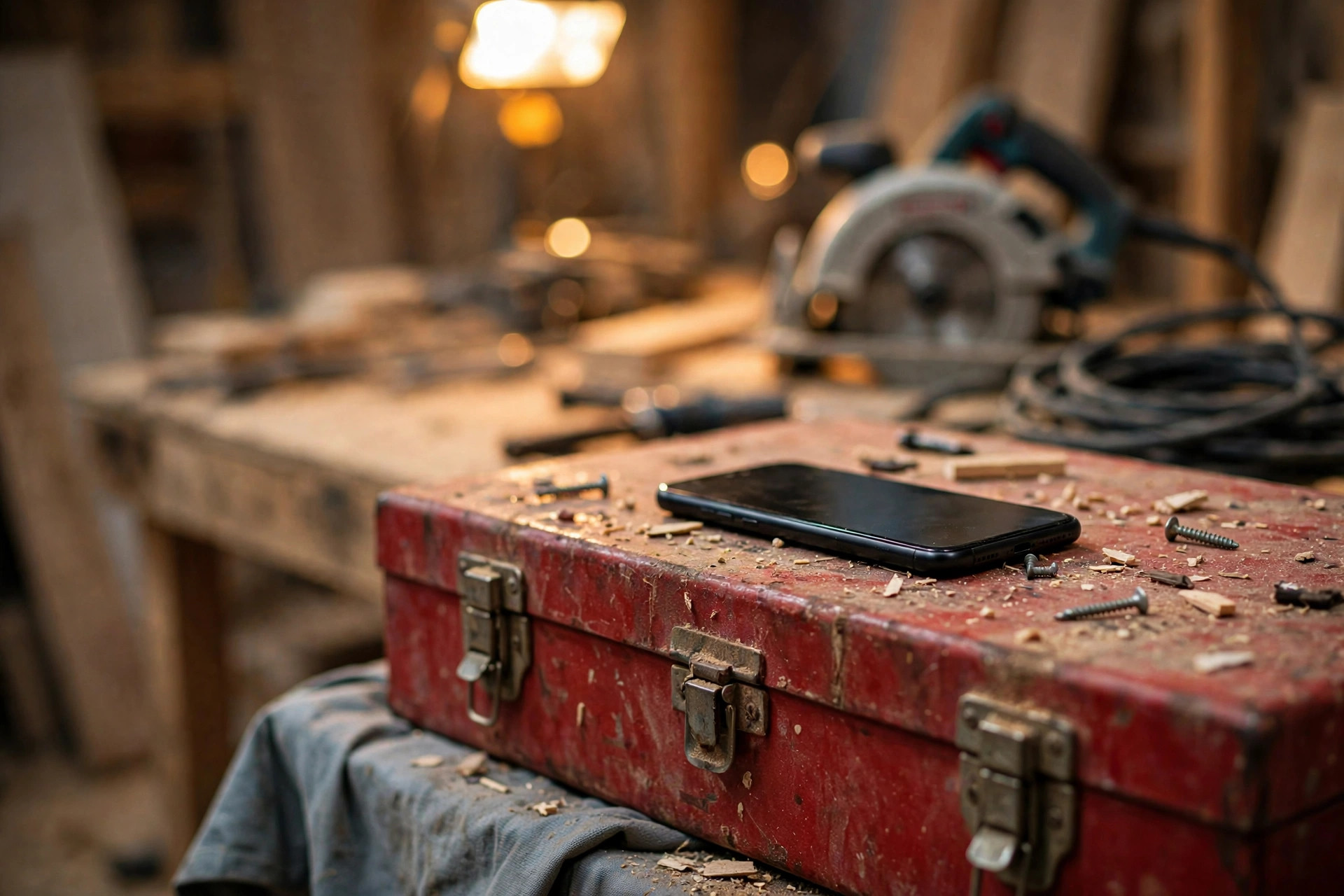 Smartphone resting on a toolbox at a home repair job site with tools blurred behind