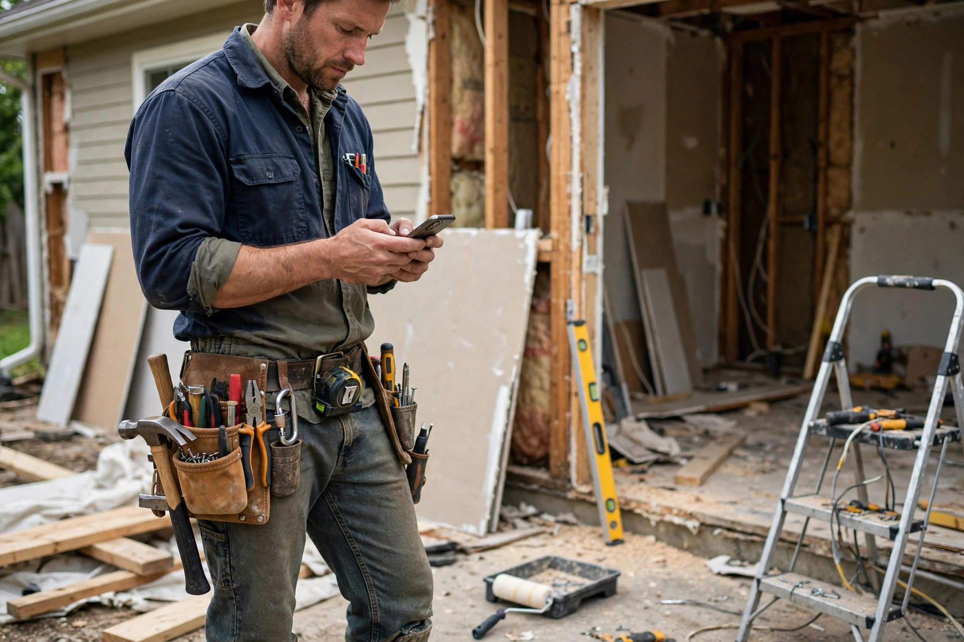 Handyman typing on a smartphone at a job site with a tool belt on