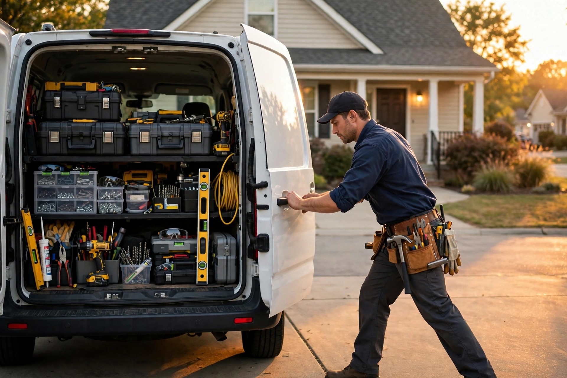 Handyman closing a work van full of organized tools in front of a suburban home