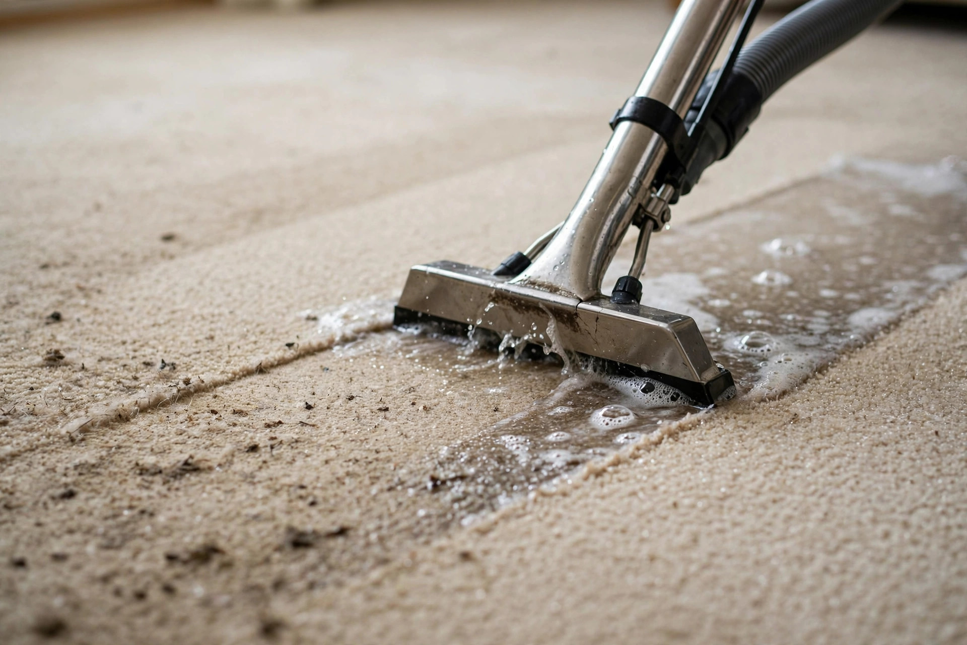 Close-up of a carpet cleaning wand extracting dirt from a living room carpet