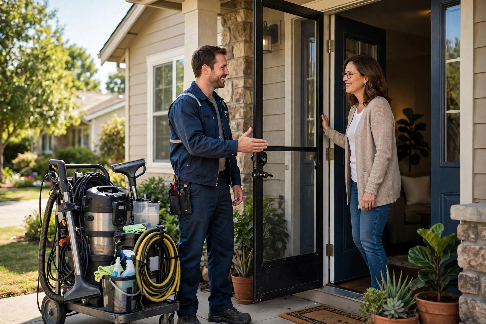 Carpet cleaning technician greeting a homeowner at the front door with equipment