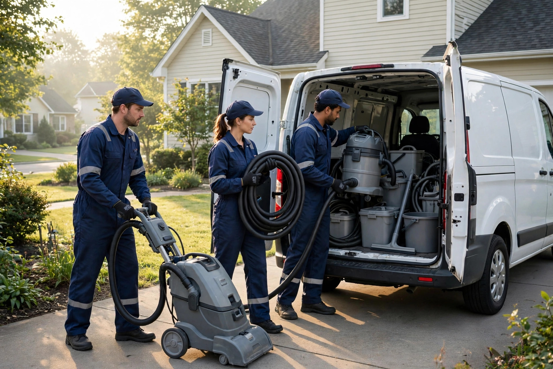 AI Receptionist for Carpet Cleaning Companies Carpet cleaning crew loading equipment into a van while the phone rings at the office