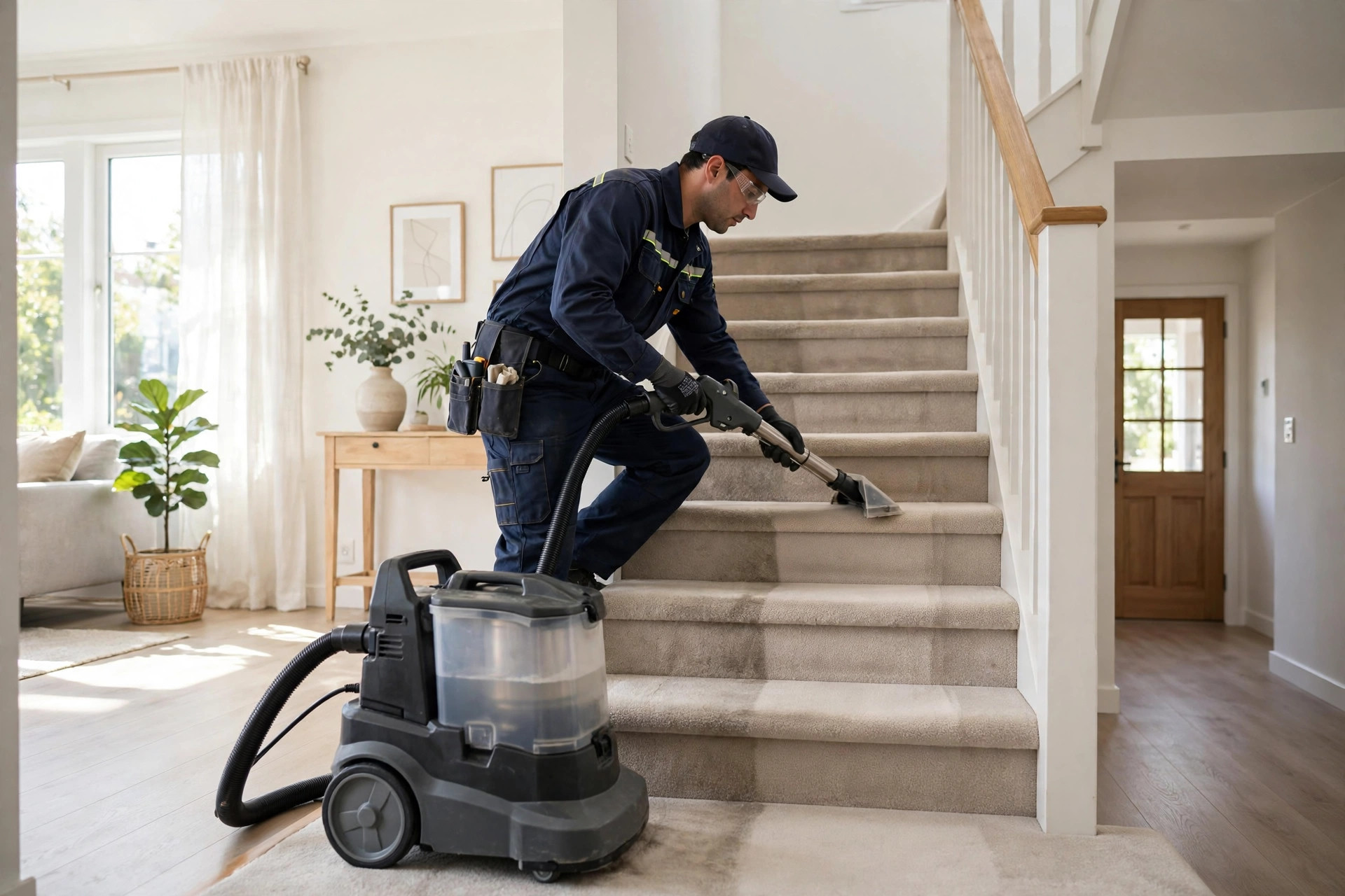 AI Receptionist for Carpet Cleaning Companies Technician cleaning stairs carpet in a customer home with a portable machine