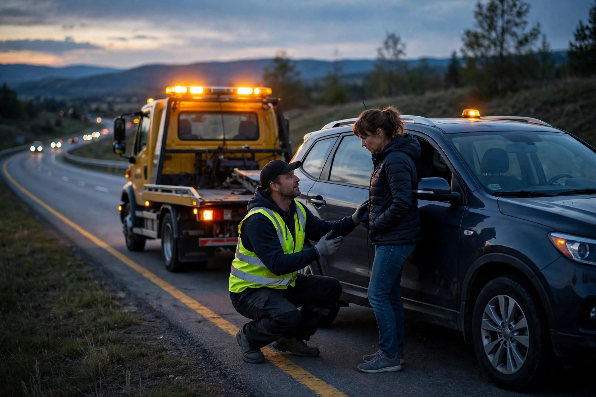 Towing Company Marketing Ideas That Win More Calls Tow truck driver in a reflective vest helping a stranded motorist on a highway shoulder at dusk