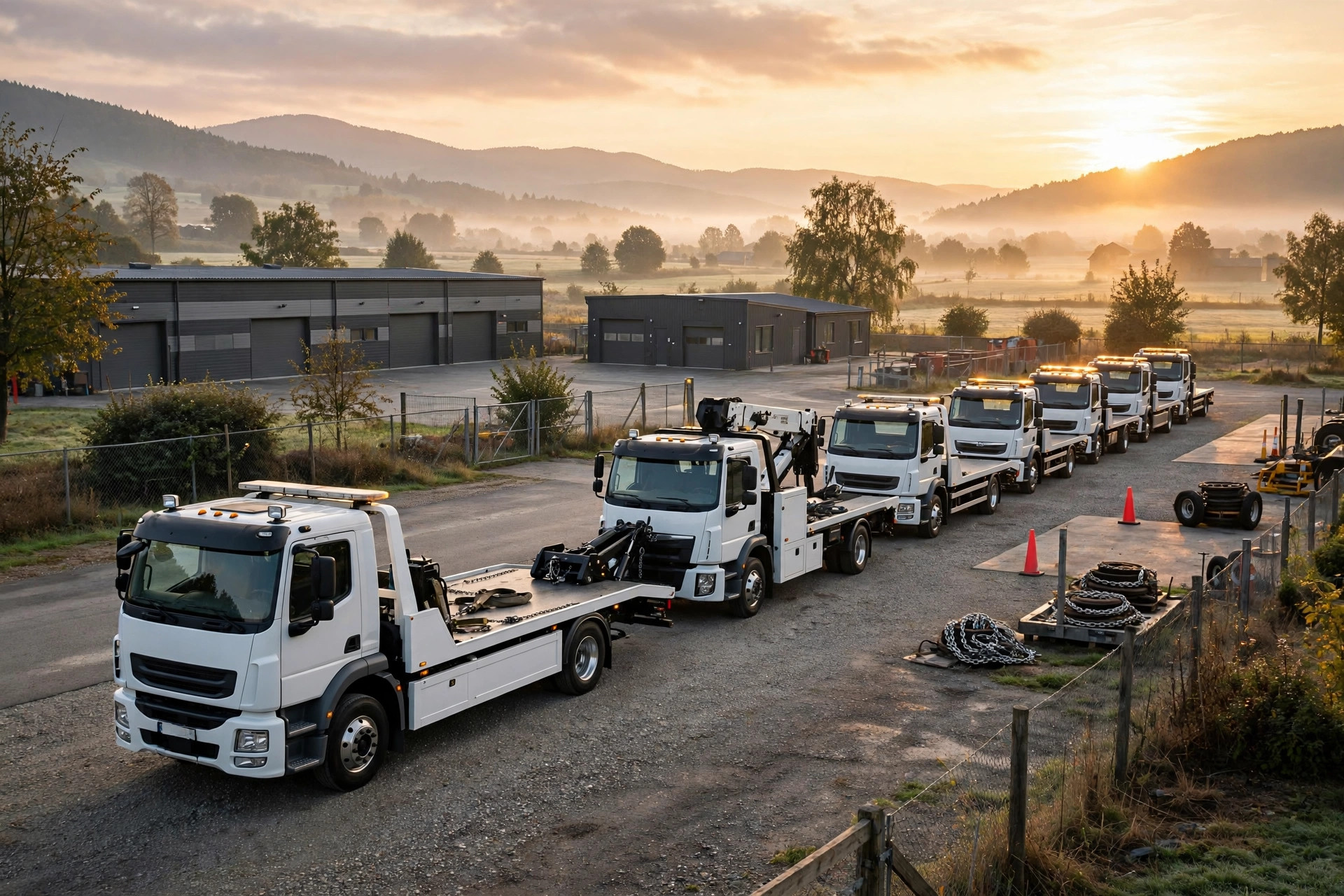 Towing Company Marketing Ideas That Win More Calls Row of tow trucks parked in a towing company lot at sunrise