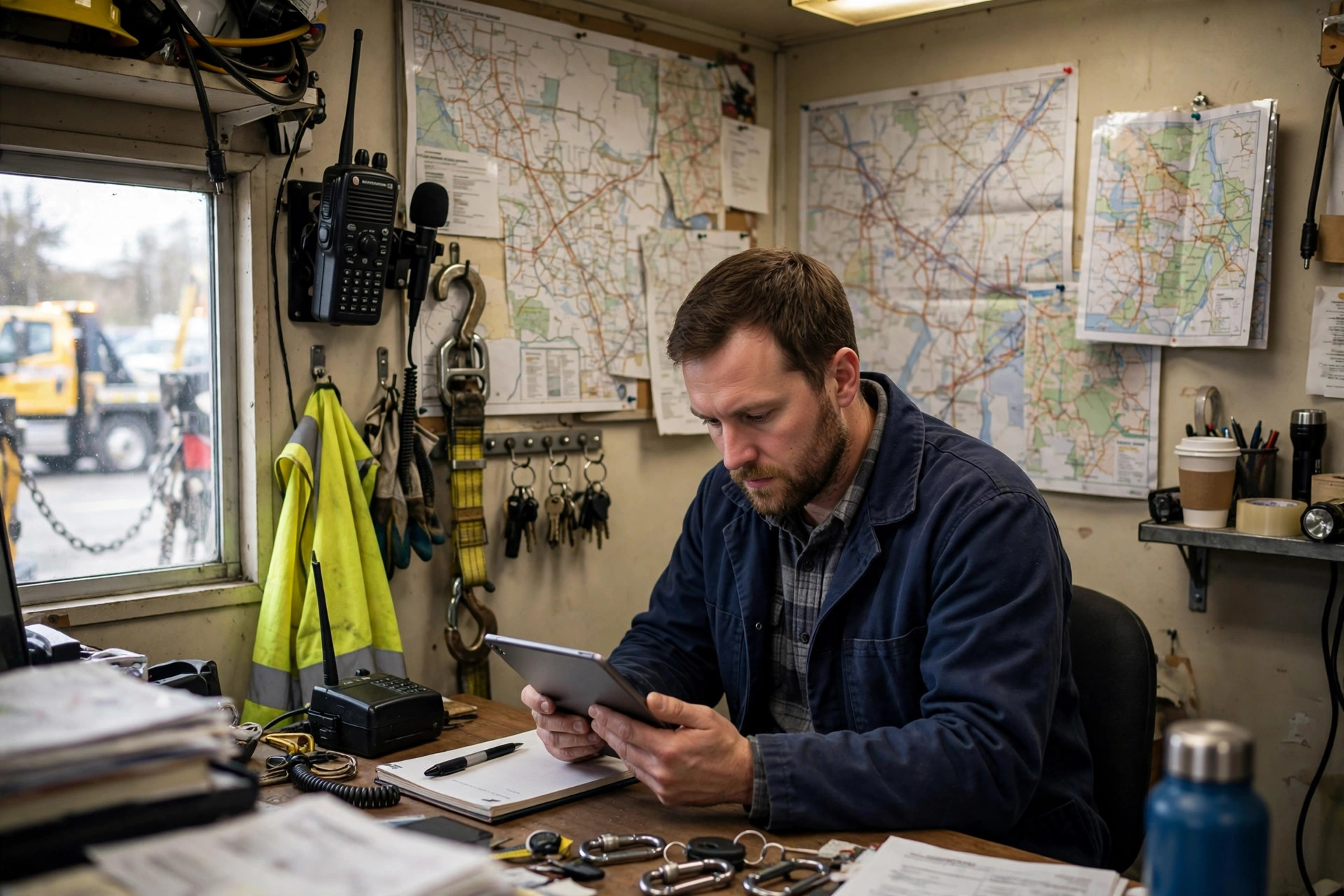 Towing Company Marketing Ideas That Win More Calls Towing company owner reviewing the dispatch schedule on a tablet in the office