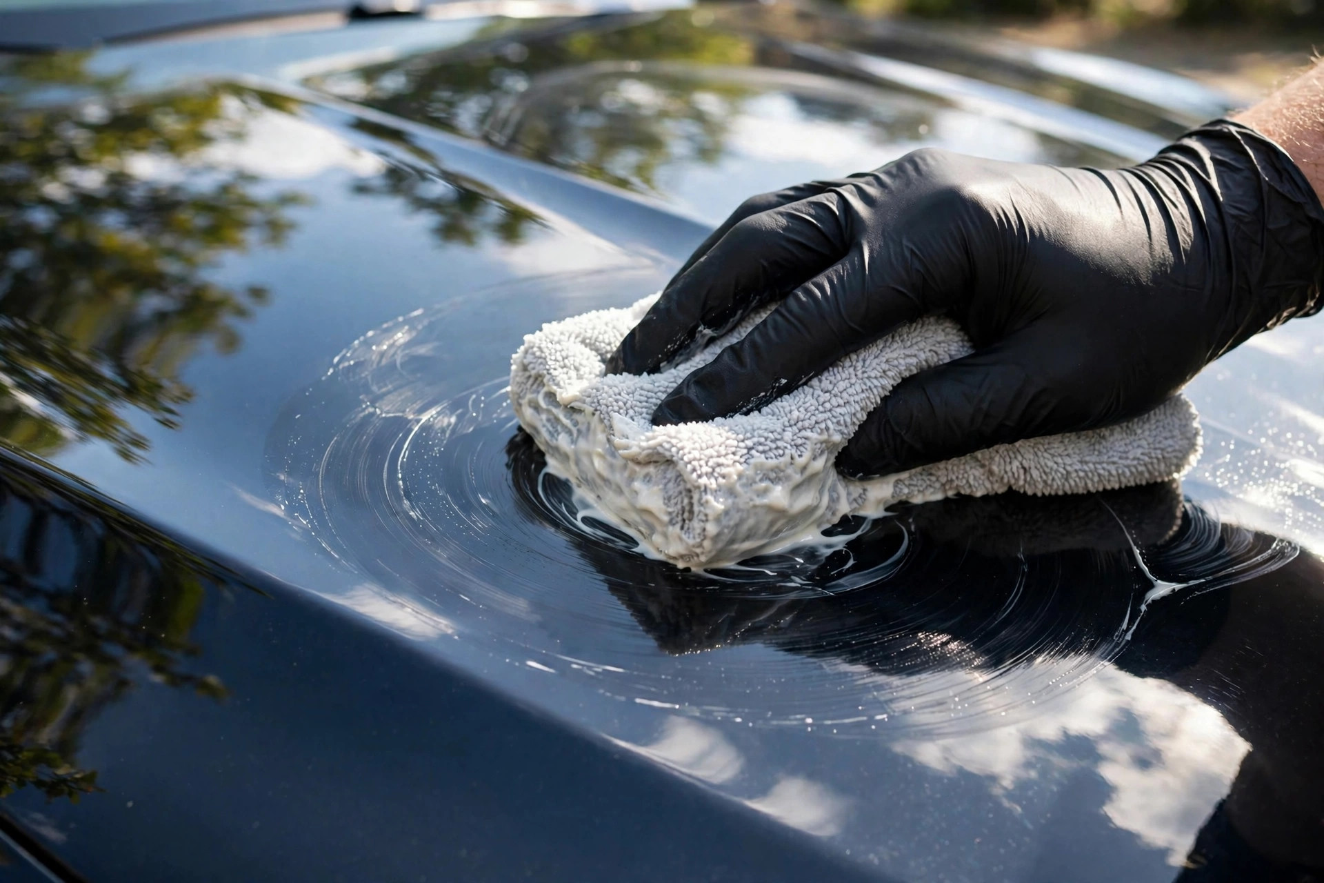 Auto Detailing Marketing Ideas That Fill Your Bays Detailer applying wax by hand to a freshly polished car hood