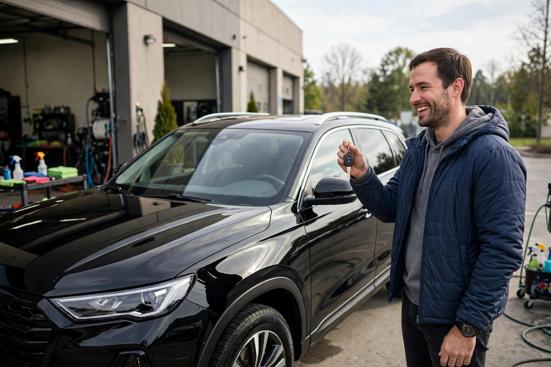 Auto Detailing Marketing Ideas That Fill Your Bays Happy car owner picking up a gleaming freshly detailed car at the shop