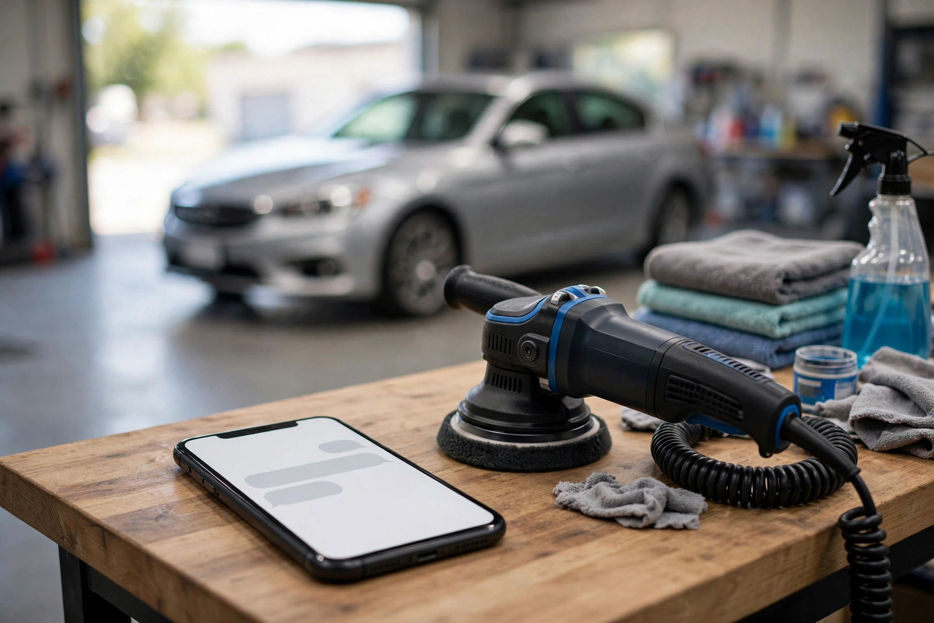 AI Chatbot for Auto Detailing Companies: Quotes, Booking, and Follow-Up Smartphone showing a chat conversation on an auto detailing workbench next to polishing equipment