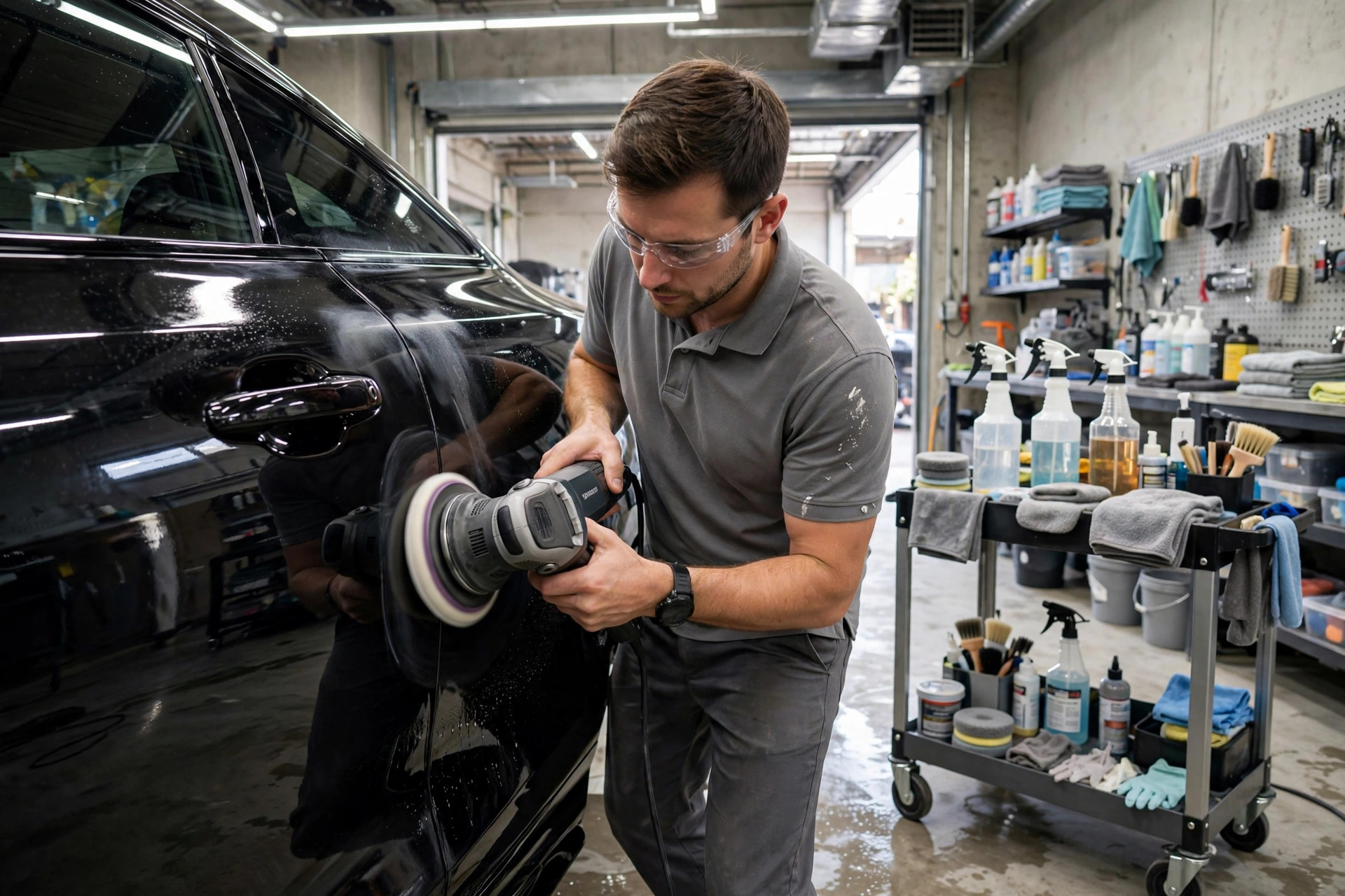 AI Chatbot for Auto Detailing Companies: Quotes, Booking, and Follow-Up Auto detailer polishing a car door panel in a well lit detailing bay