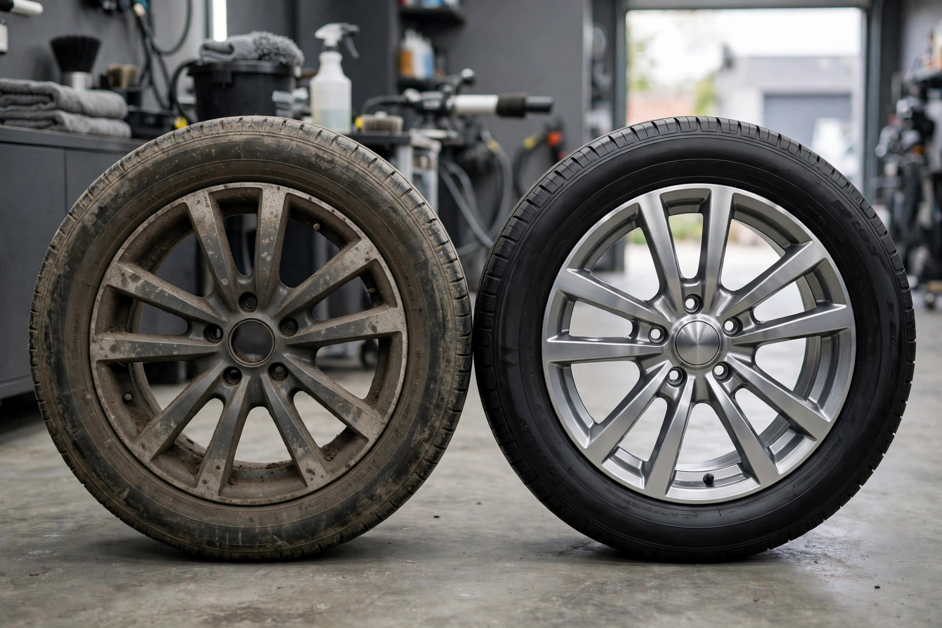 AI Chatbot for Auto Detailing Companies: Quotes, Booking, and Follow-Up Side by side before and after comparison of a dirty and clean car wheel