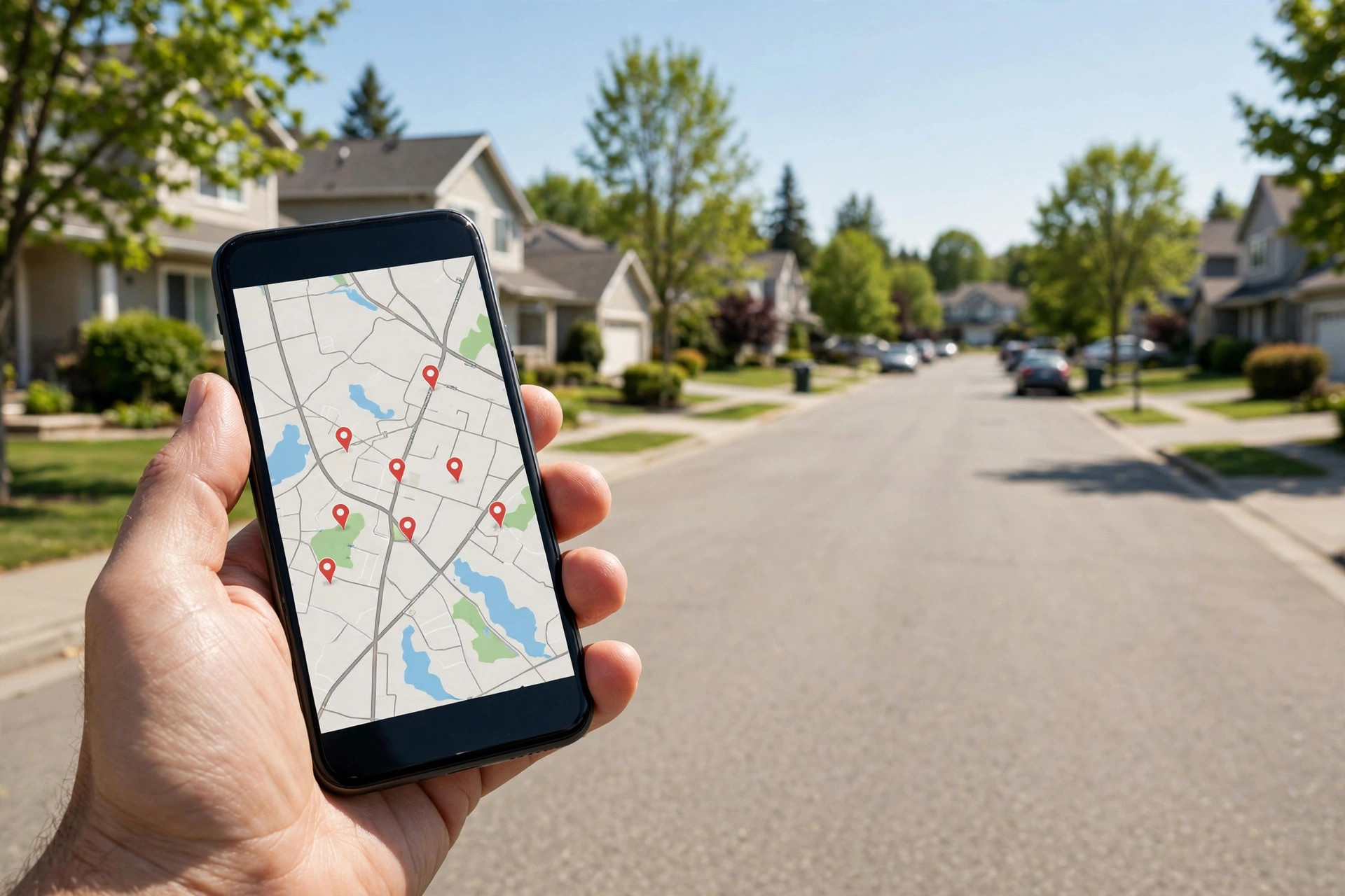 Hand holding a smartphone showing a map with location pins in front of suburban houses