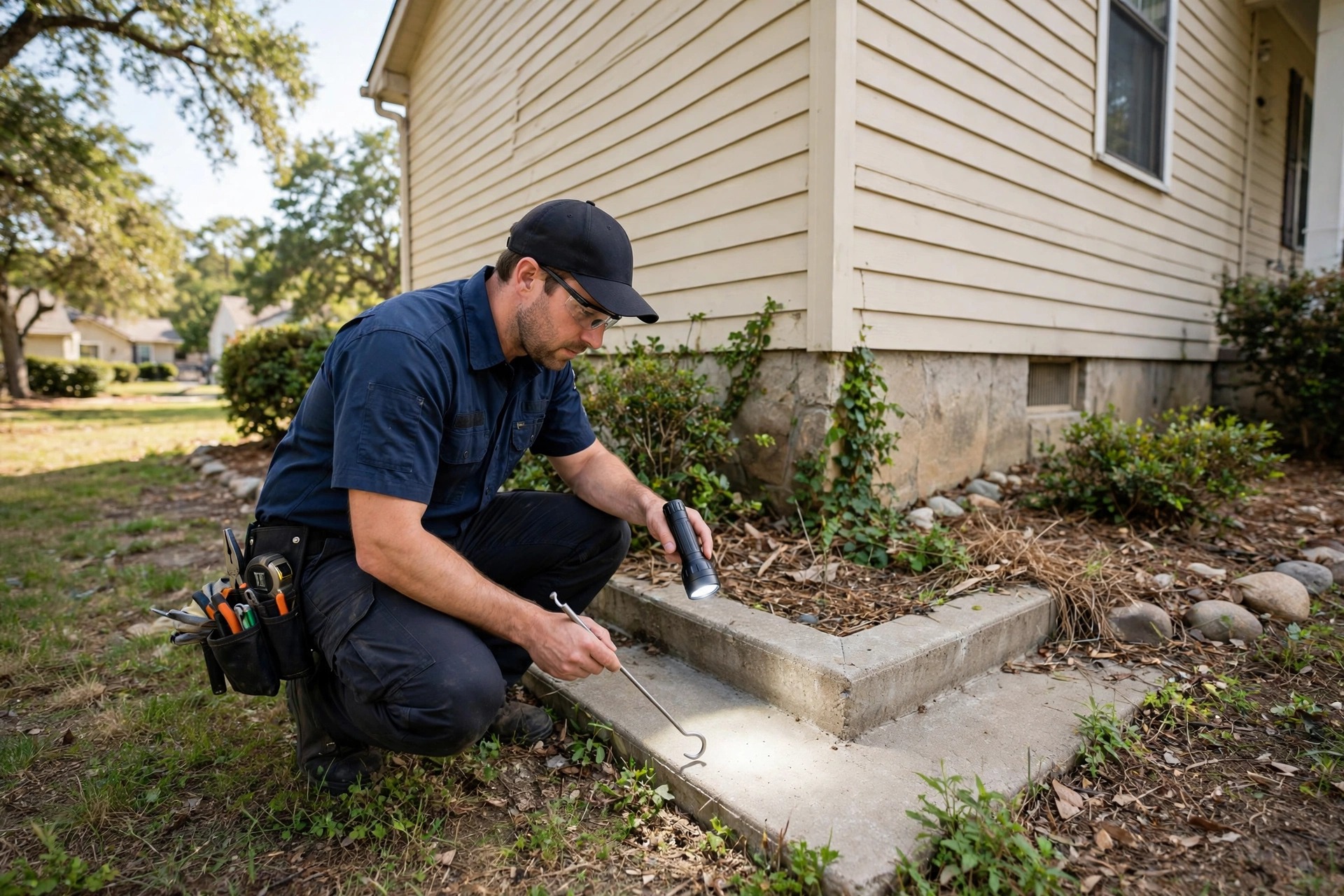 Pest control technician inspecting a home exterior foundation with a flashlight
