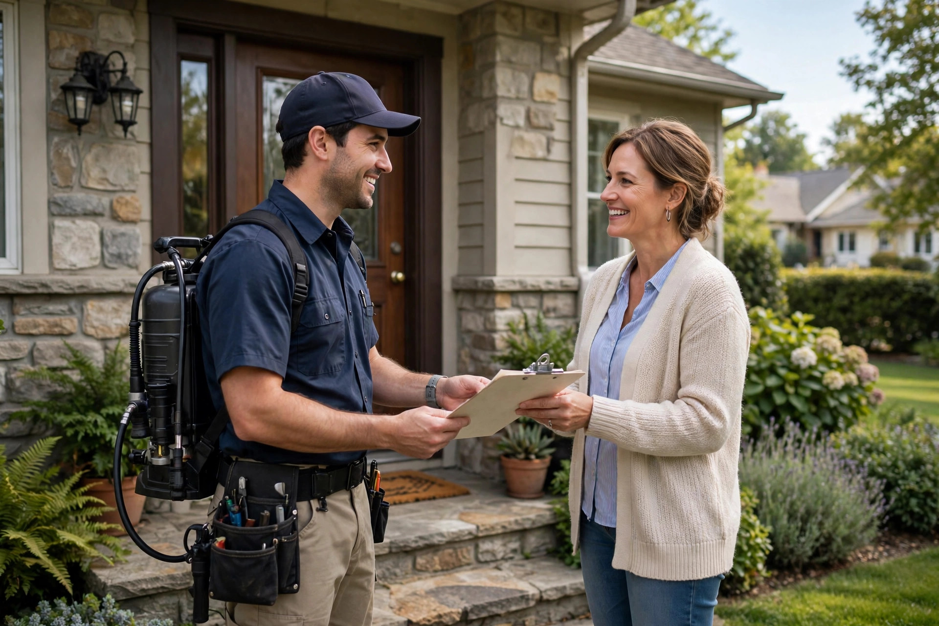 Pest control technician talking with a homeowner at the front door