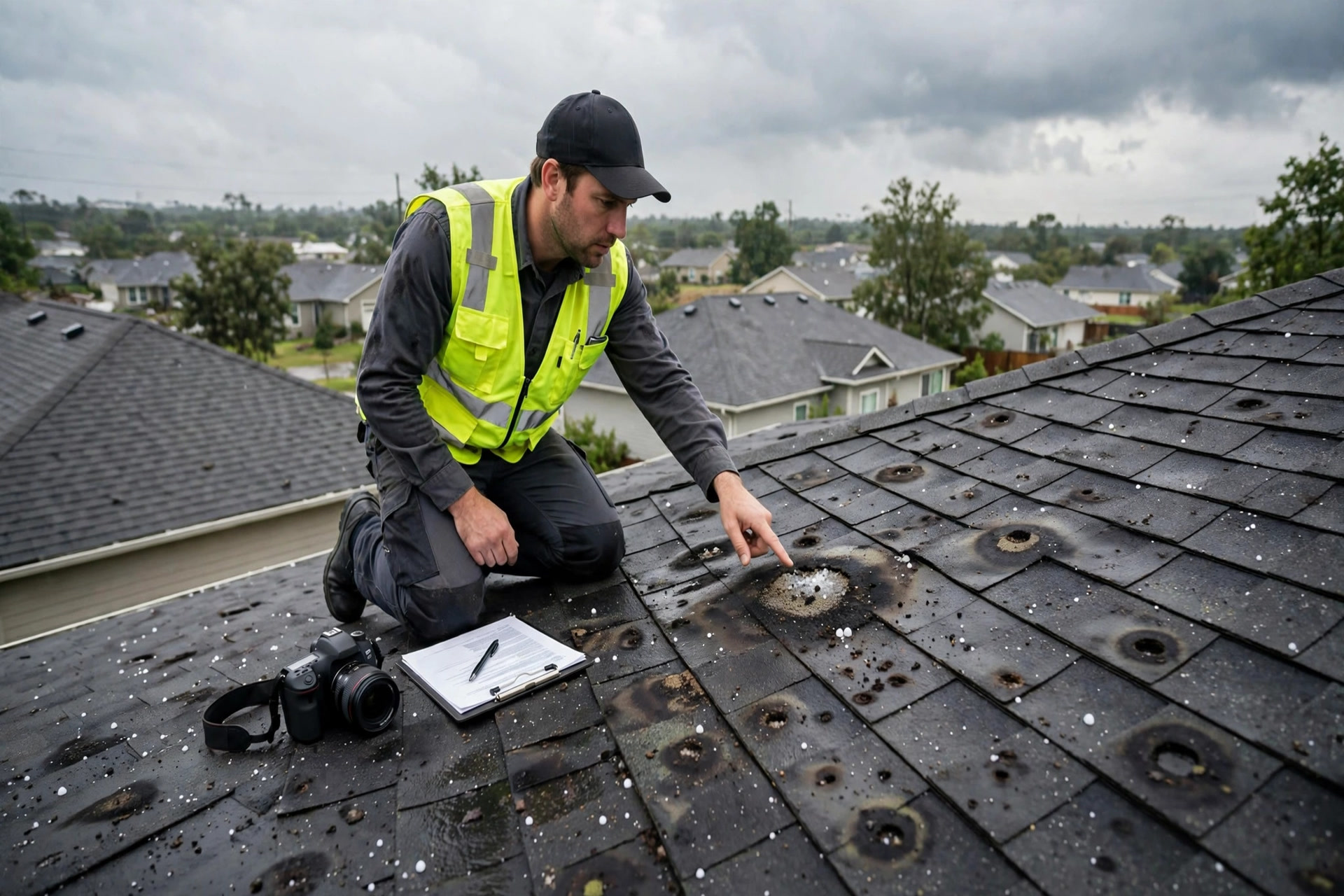 Roofing inspector pointing out hail damage on asphalt shingles during a storm damage assessment