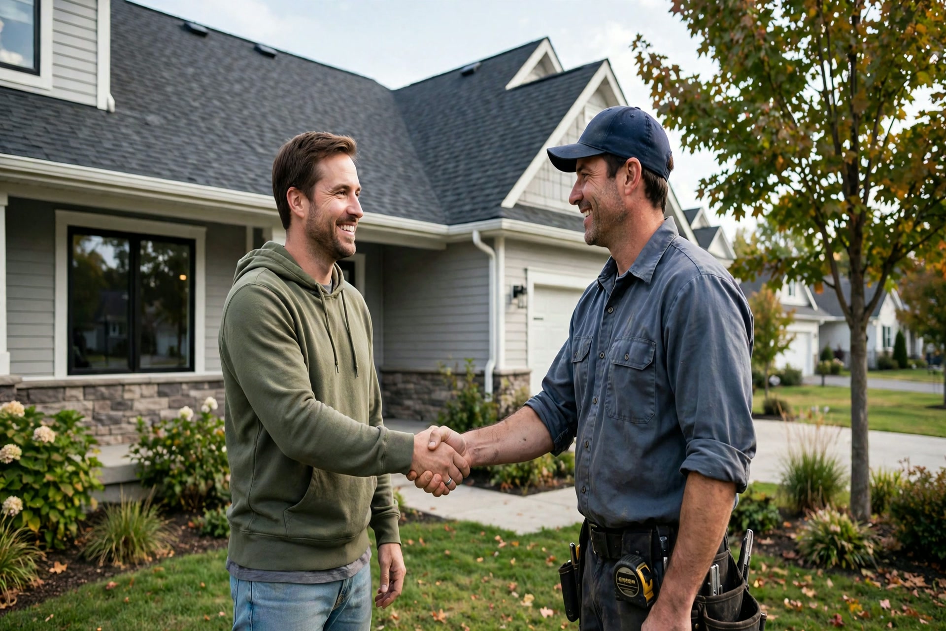 Smiling homeowner shaking hands with a roofer in front of a newly finished roof