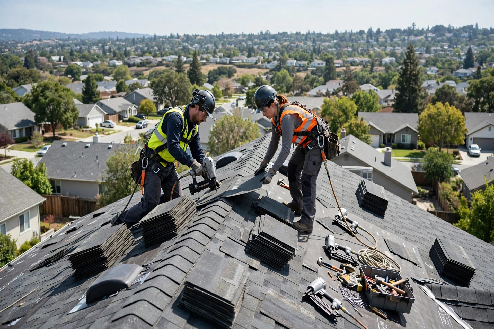 Two roofers in safety gear installing shingles on a residential roof