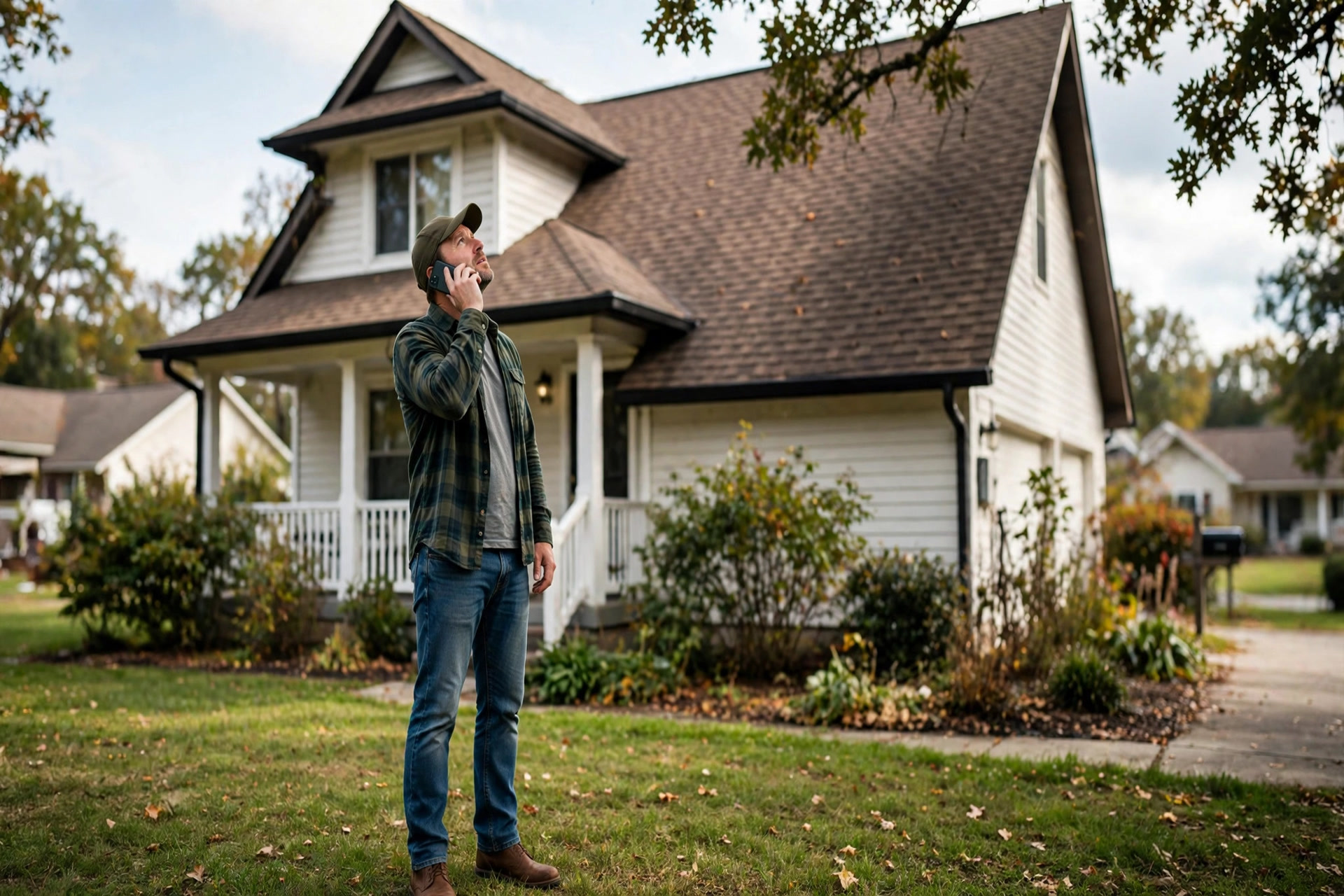 Homeowner calling a roofing company from a smartphone while looking at their roof