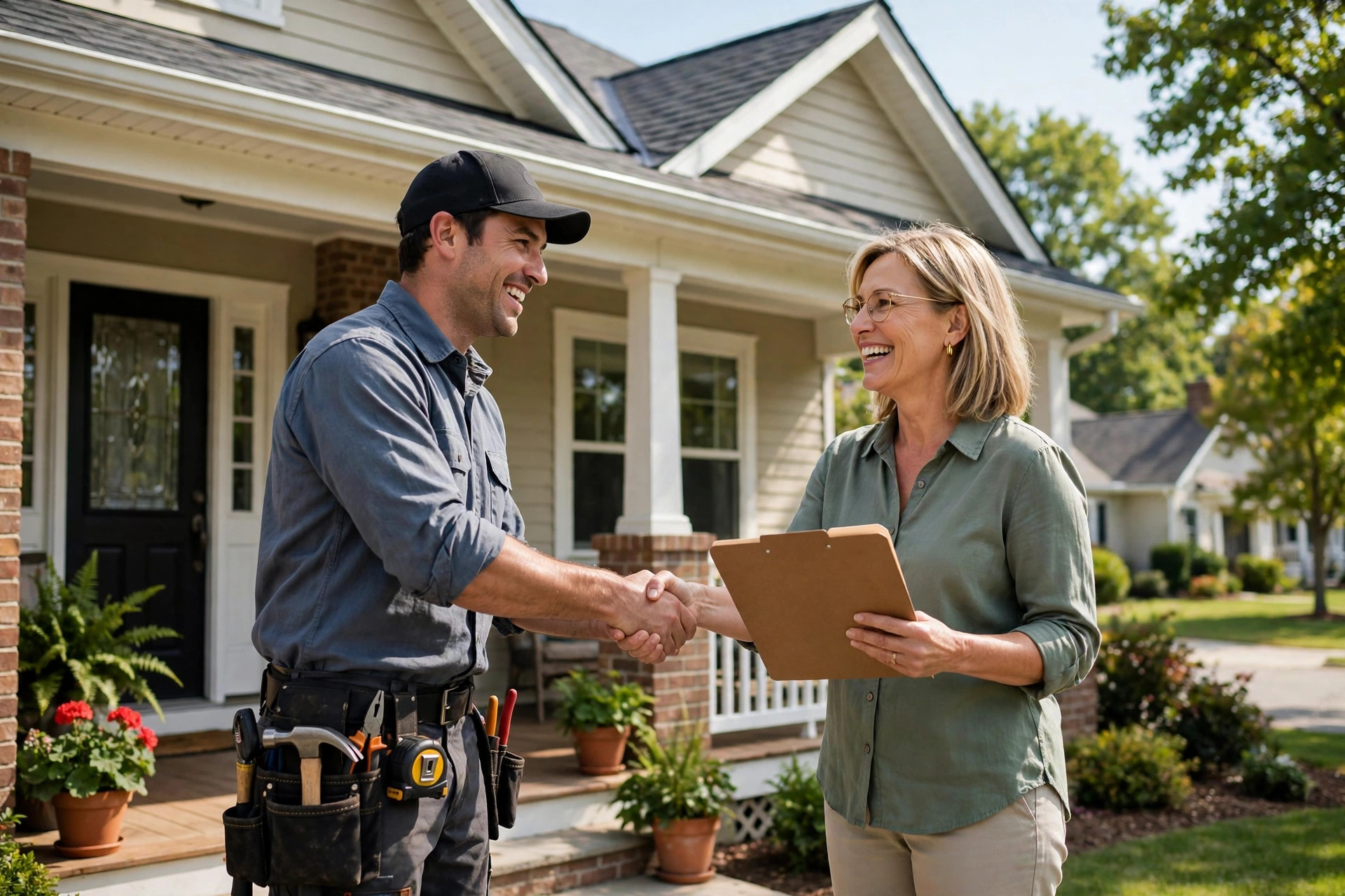 Roofer handing a signed contract folder to a happy homeowner at the front door