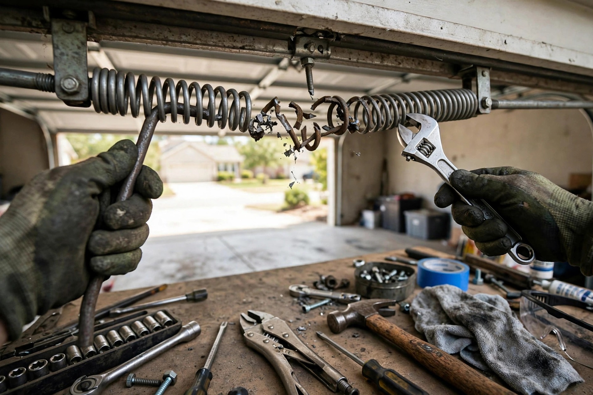 How Local Services Ads Fill Garage Door Repair Schedules Technician fixing a broken garage door spring on a residential home