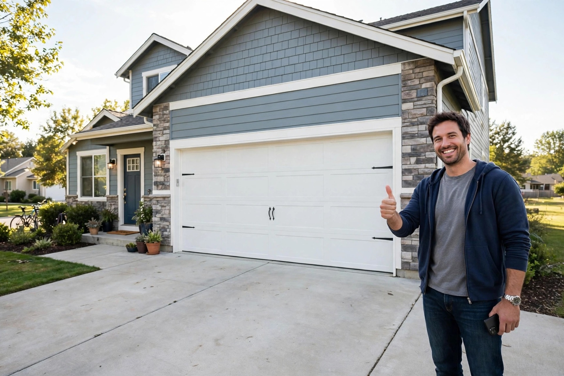 How Local Services Ads Fill Garage Door Repair Schedules Happy homeowner leaving a five star review on a smartphone after garage door service