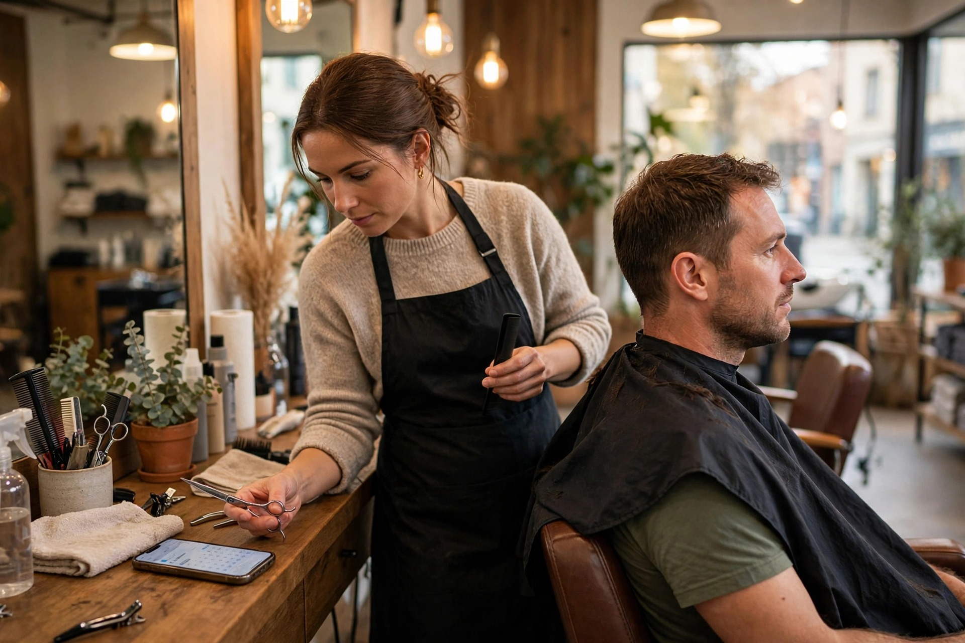 Client receiving a haircut while stylist confirms next appointment by phone