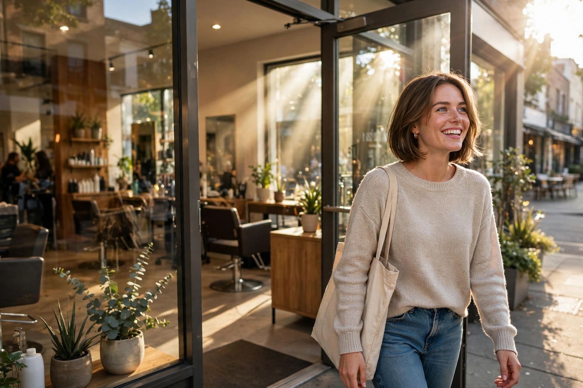 Smiling client leaving a hair salon with a fresh hairstyle